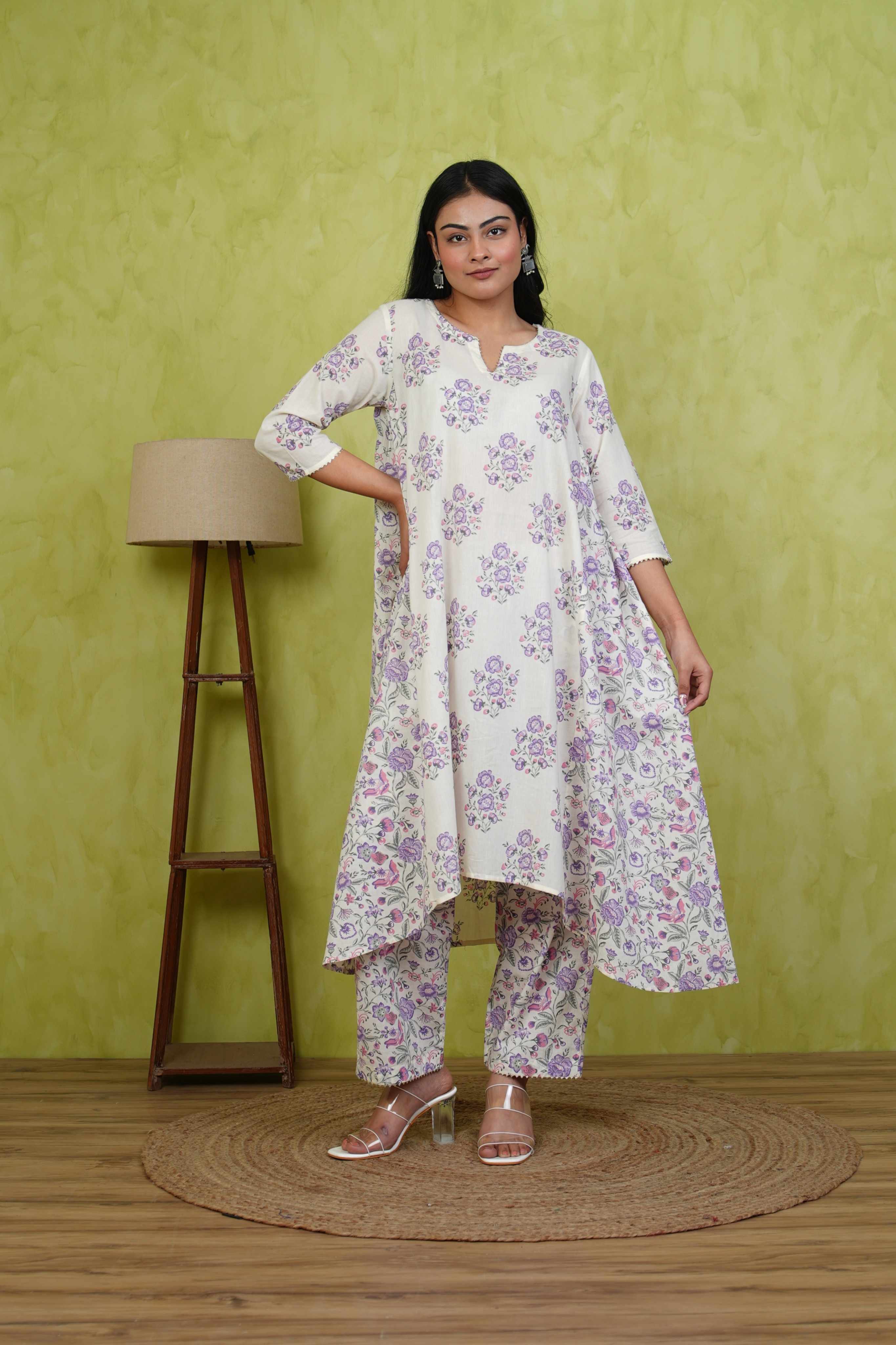 Pehraan A-Line Cotton 2 Piece Kurta Set for Women For Office & Casual Wear - Lavender