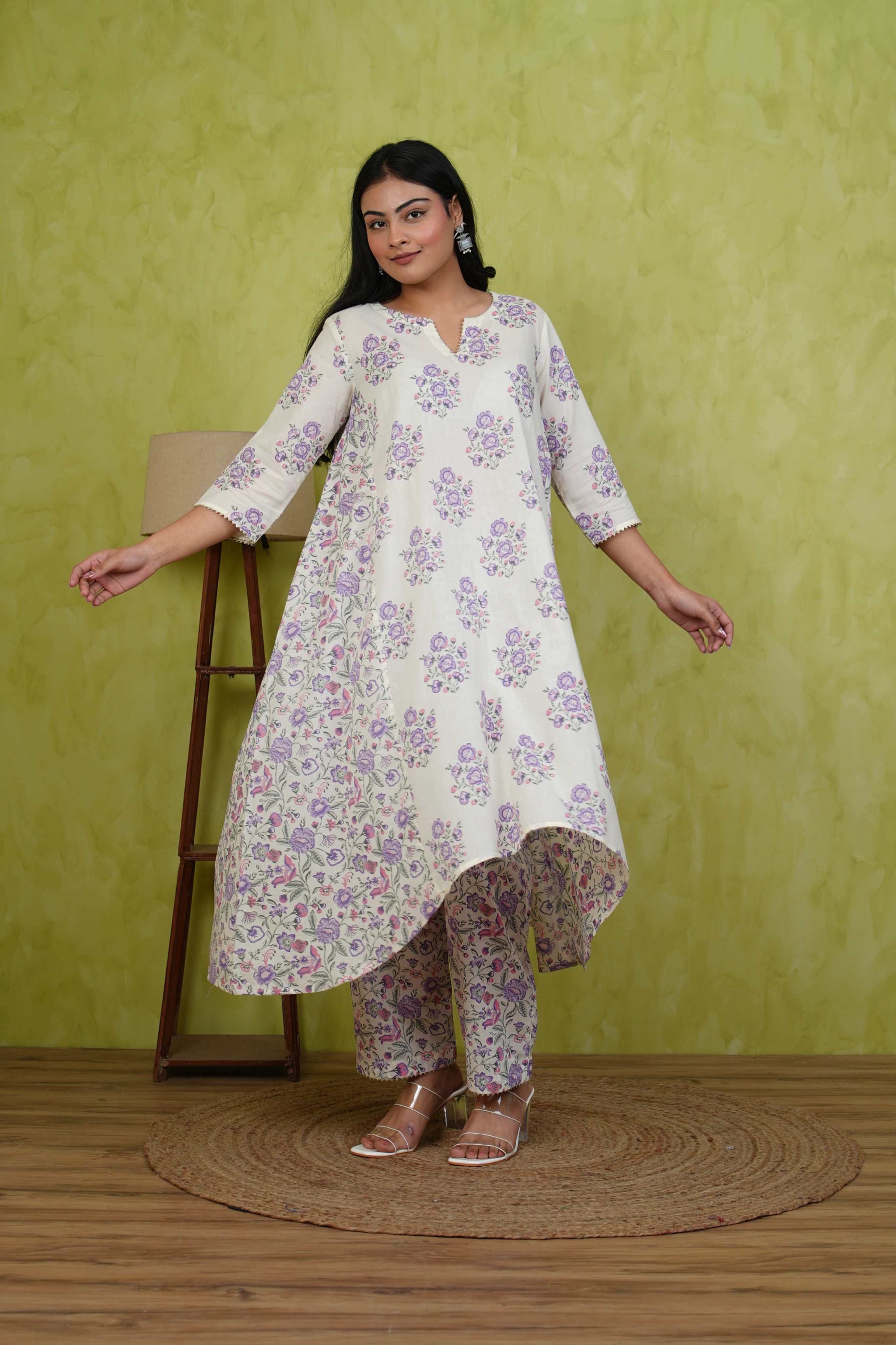 Pehraan A-Line Cotton 2 Piece Kurta Set for Women For Office & Casual Wear - Lavender