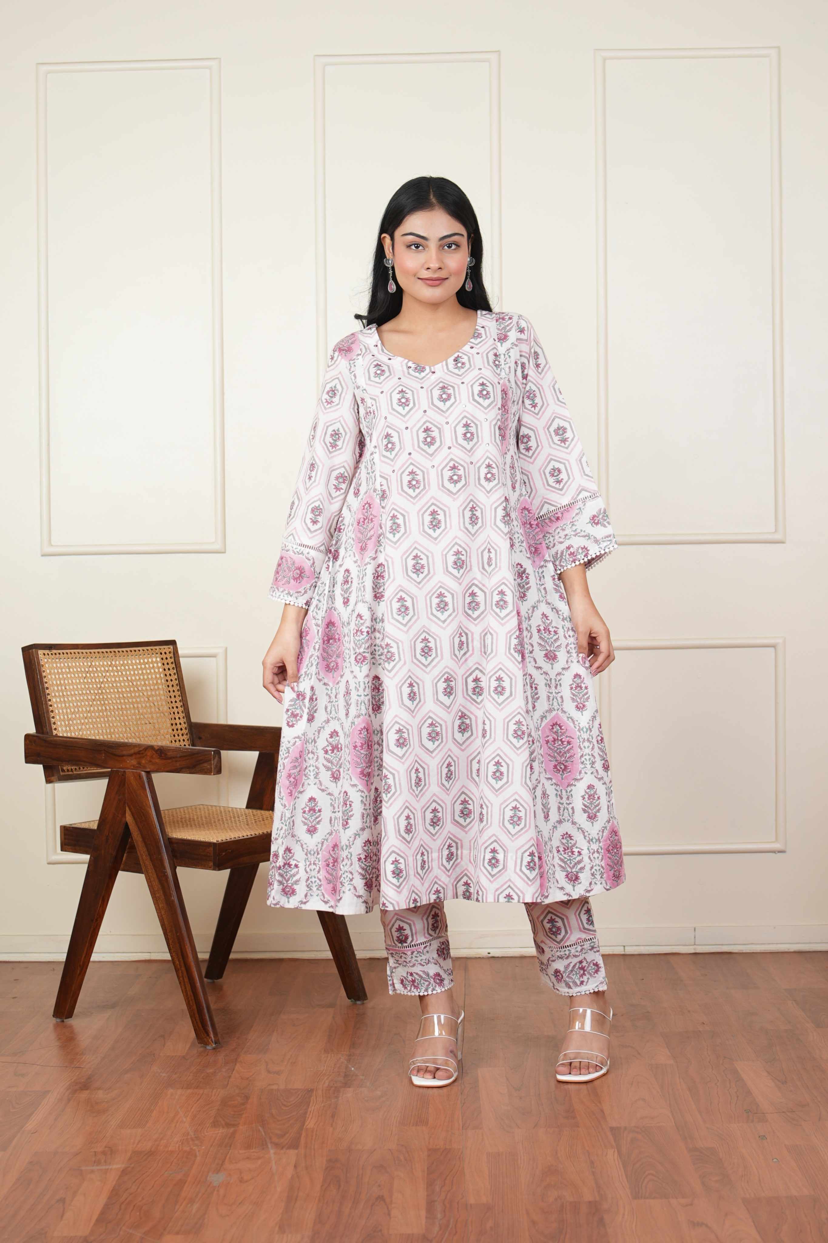 Pehraan Anarkali Cotton 3 Piece Kurta Set for Women For Office & Casual Wear - Rose Pink