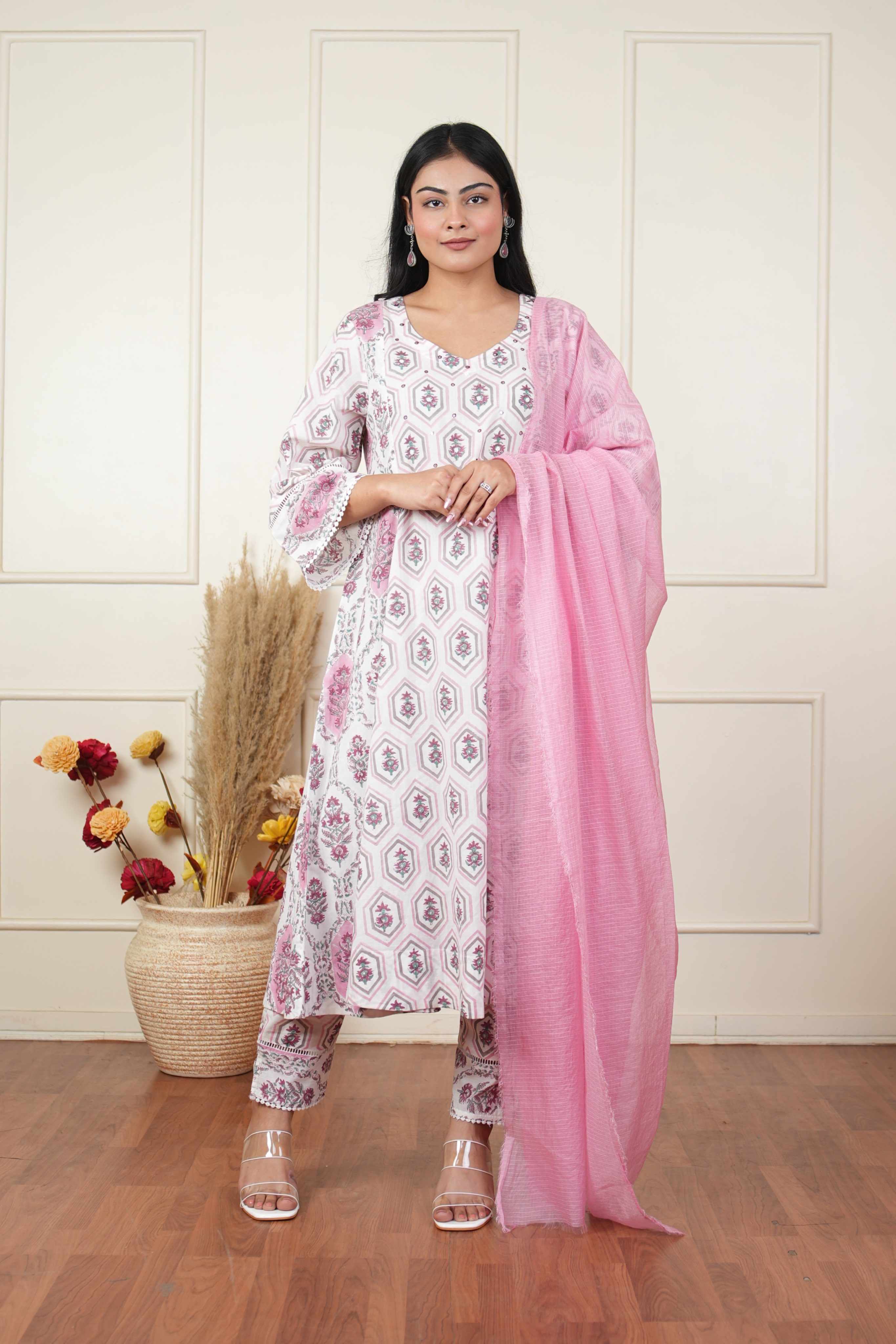 Pehraan Anarkali Cotton 3 Piece Kurta Set for Women For Office & Casual Wear - Rose Pink