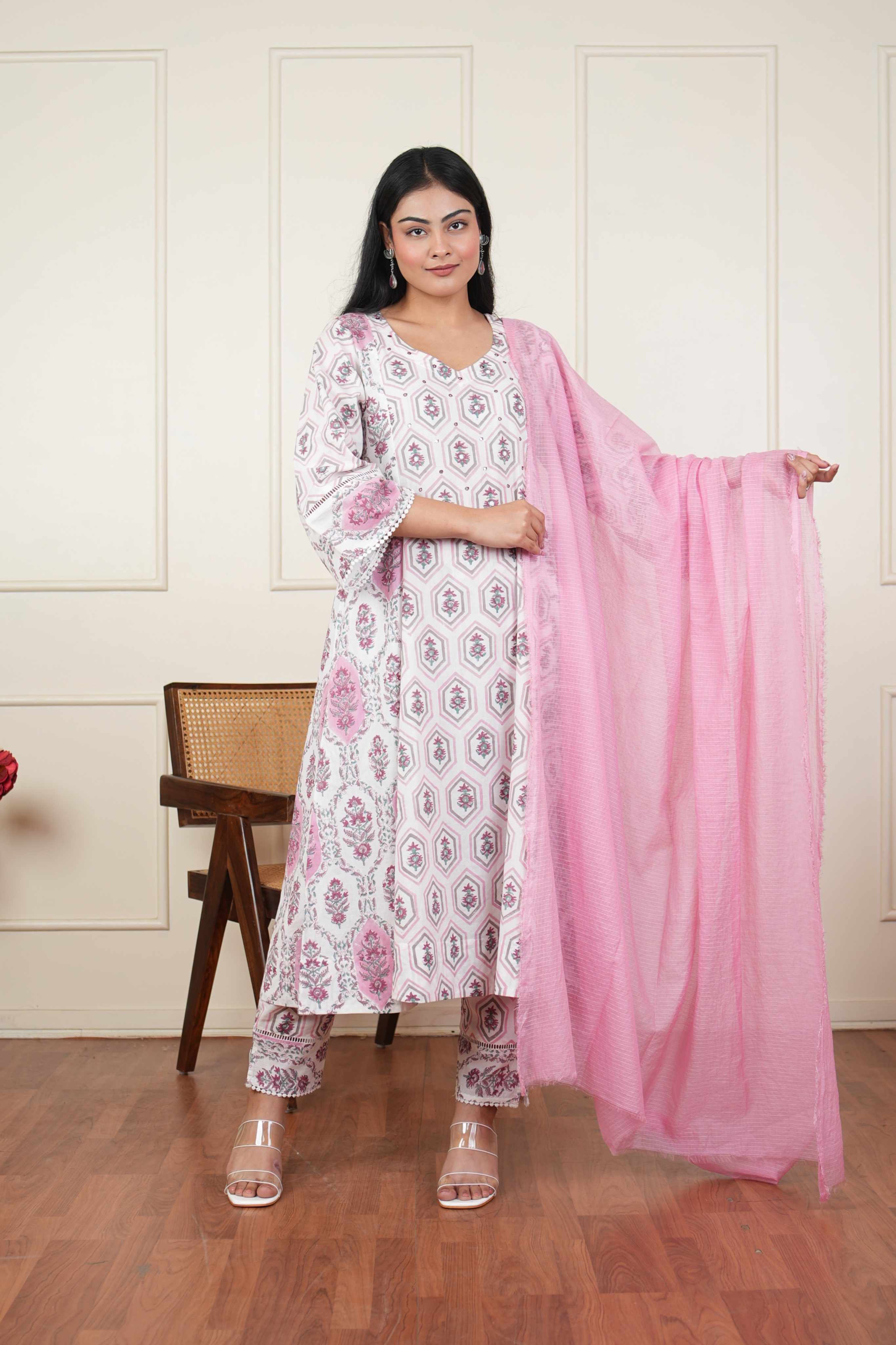 Pehraan Anarkali Cotton 3 Piece Kurta Set for Women For Office & Casual Wear - Rose Pink
