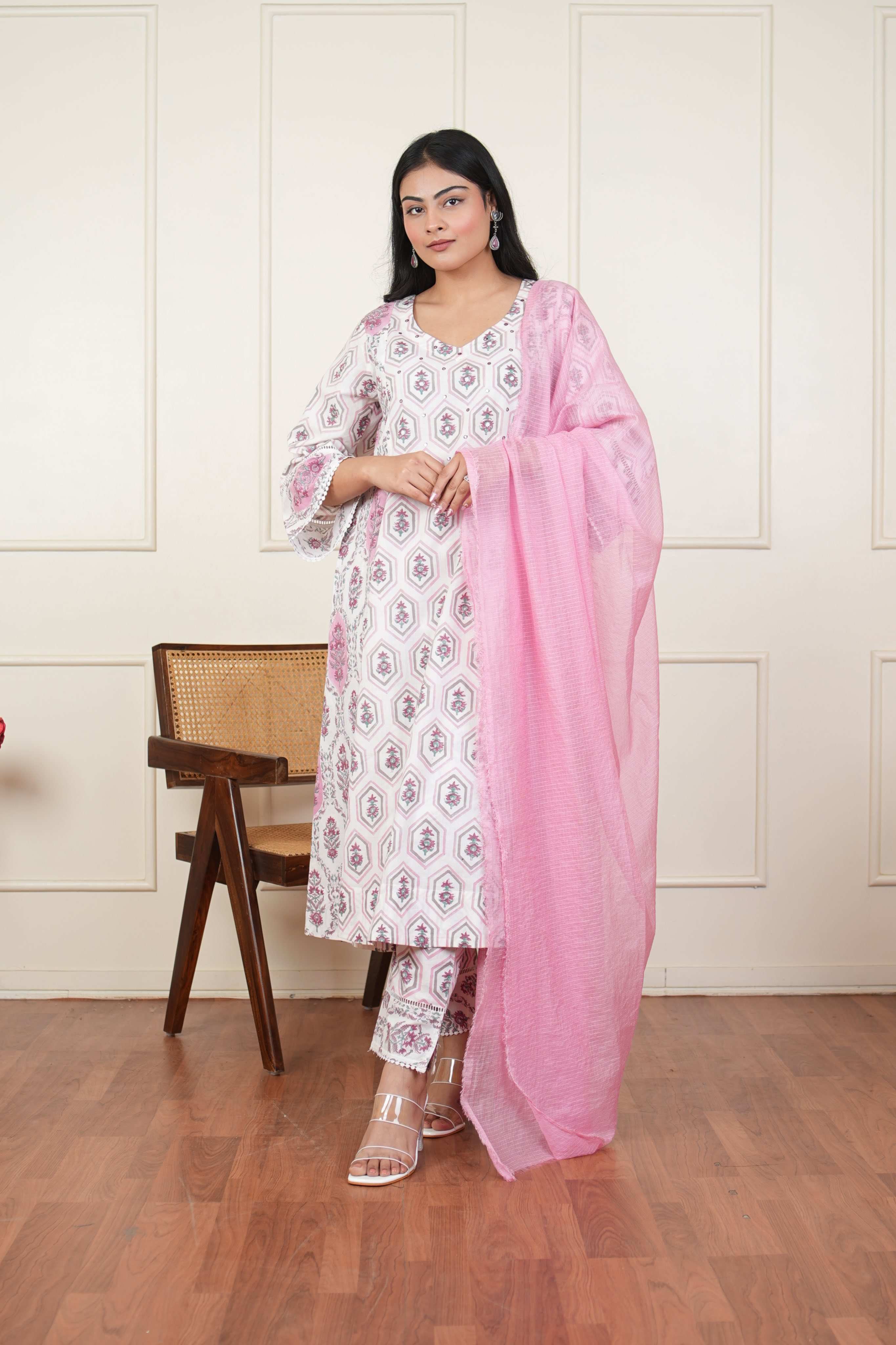 Pehraan Anarkali Cotton 3 Piece Kurta Set for Women For Office & Casual Wear - Rose Pink