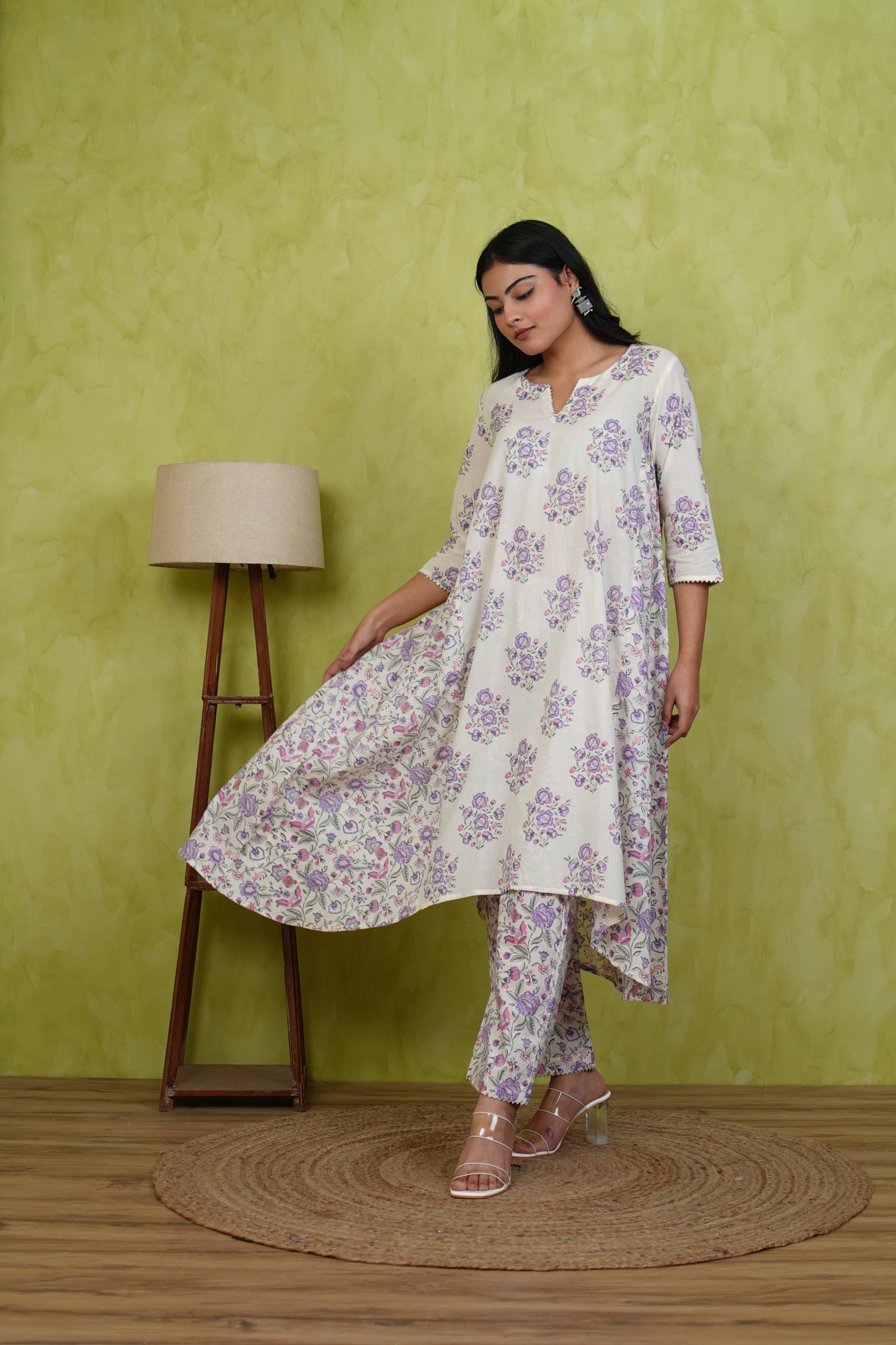 Pehraan A-Line Cotton 2 Piece Kurta Set for Women For Office & Casual Wear - Lavender