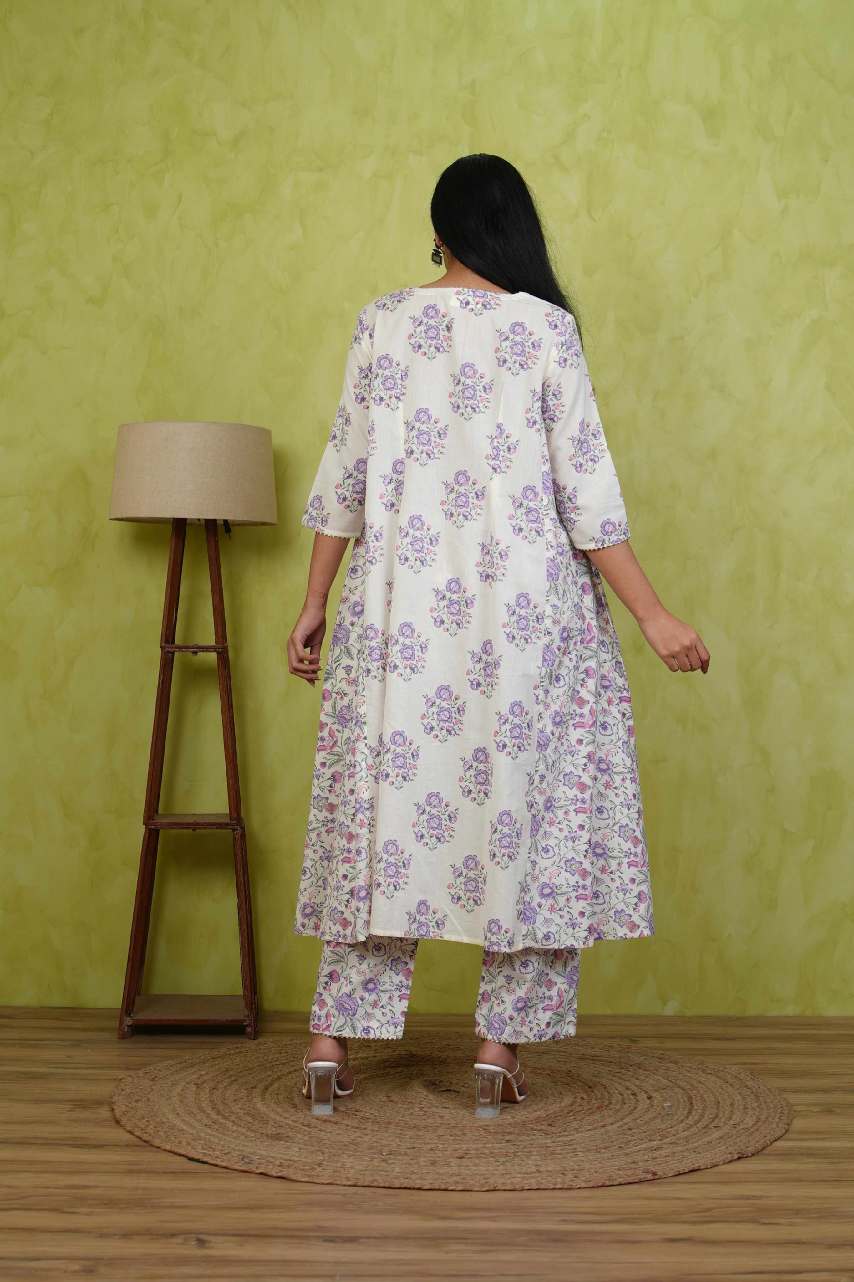 Pehraan A-Line Cotton 2 Piece Kurta Set for Women For Office & Casual Wear - Lavender