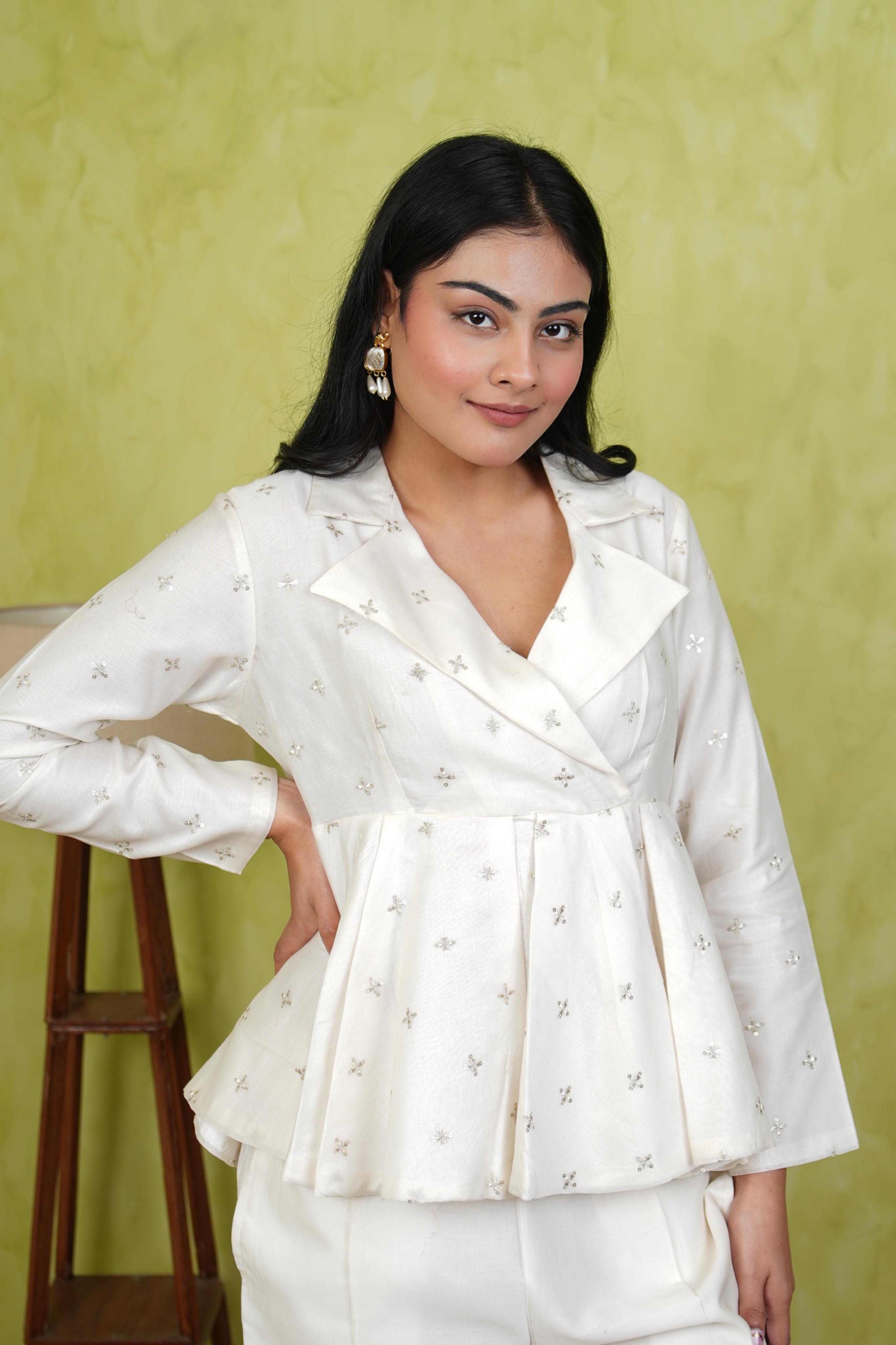 Pehraan Peplum Style Co-ord Set for Women For Festive Wear - Off White