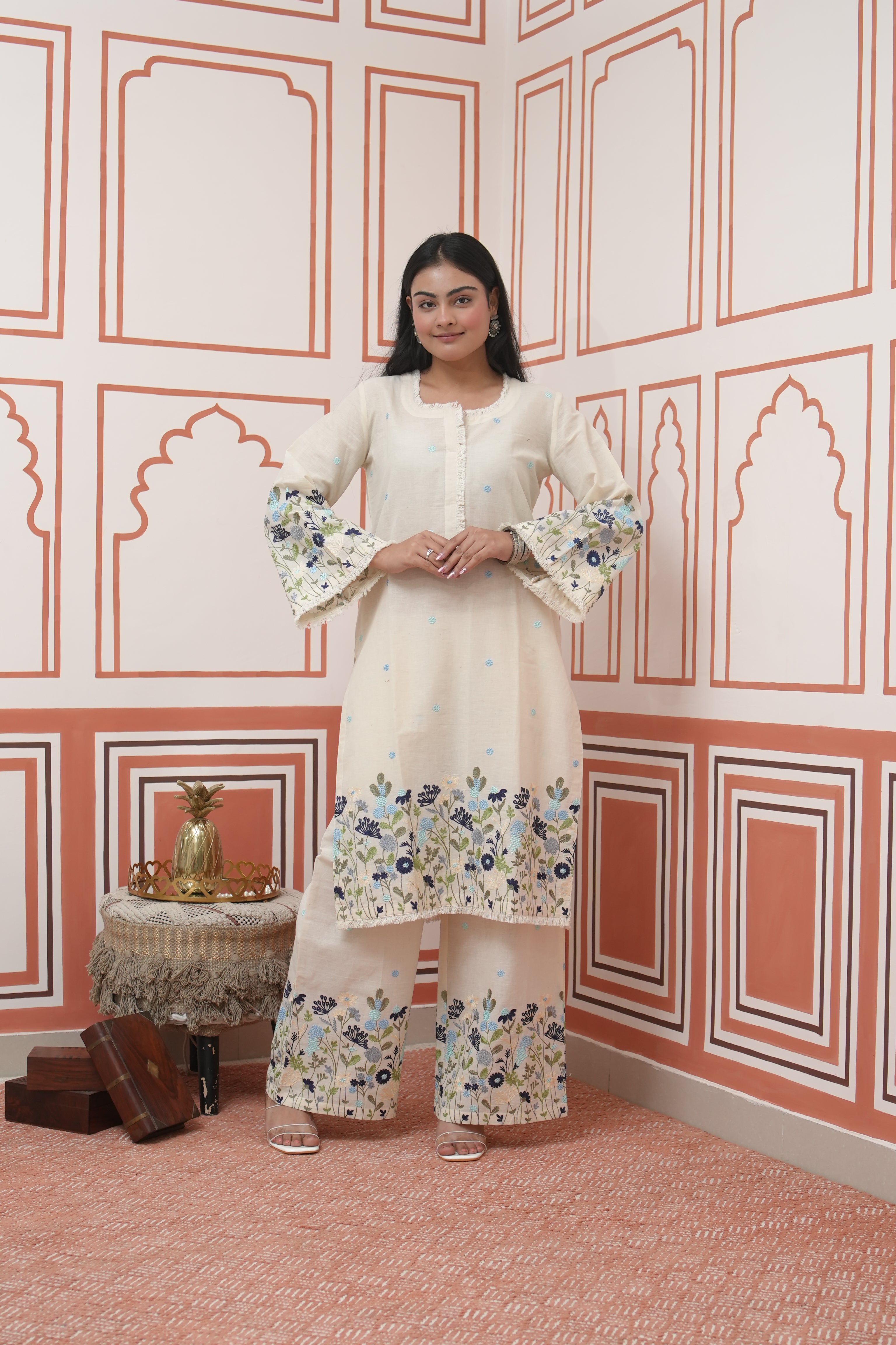 Pehraan Straight Fit Cotton 2 Piece Kurta Set for Women For Festive Wear - Beige