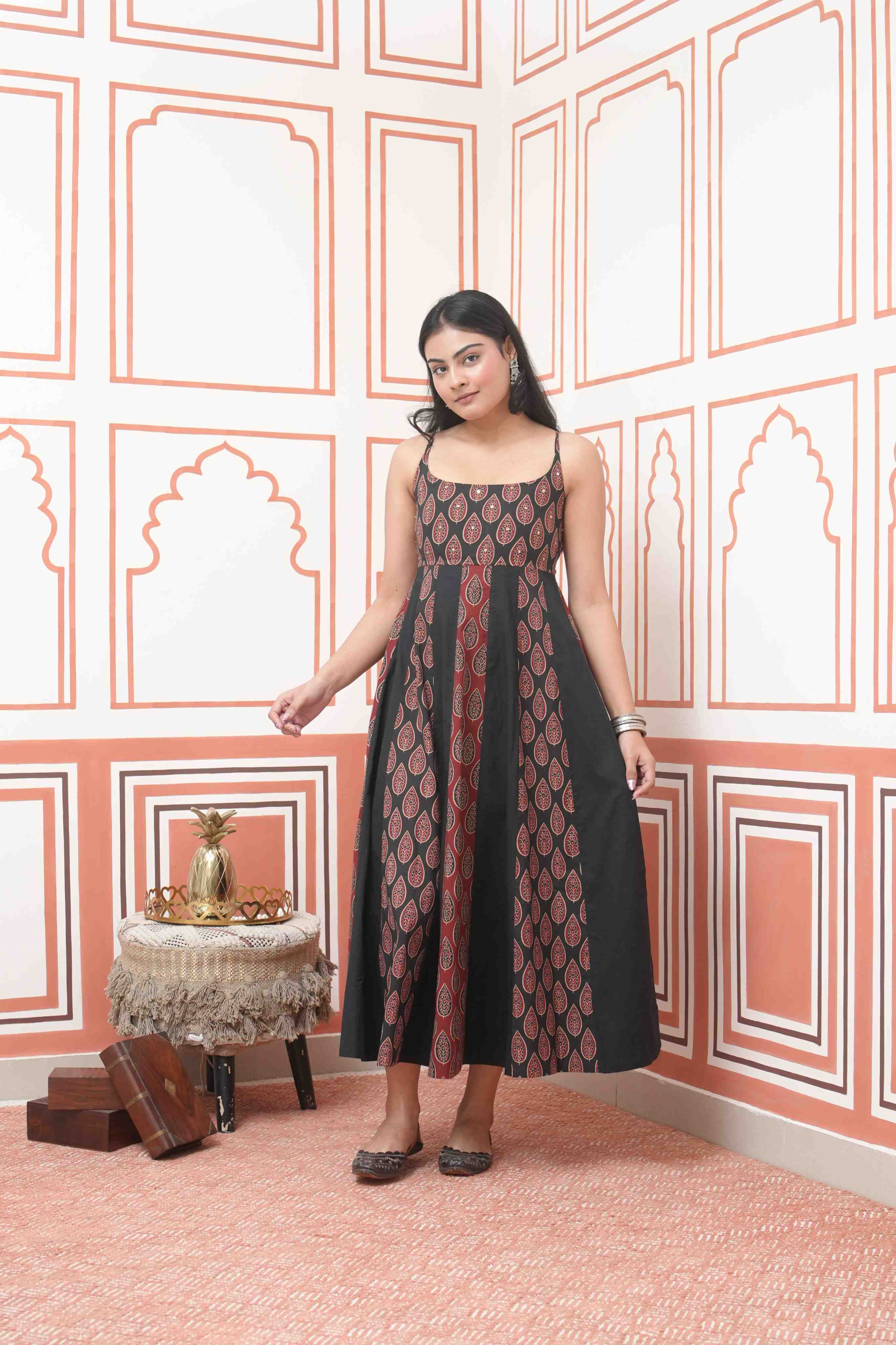 Pehraan Anarkali Cotton 2 Piece Kurta Set (Kurti + Dupatta) for Women For Festive Wear - Red & Black