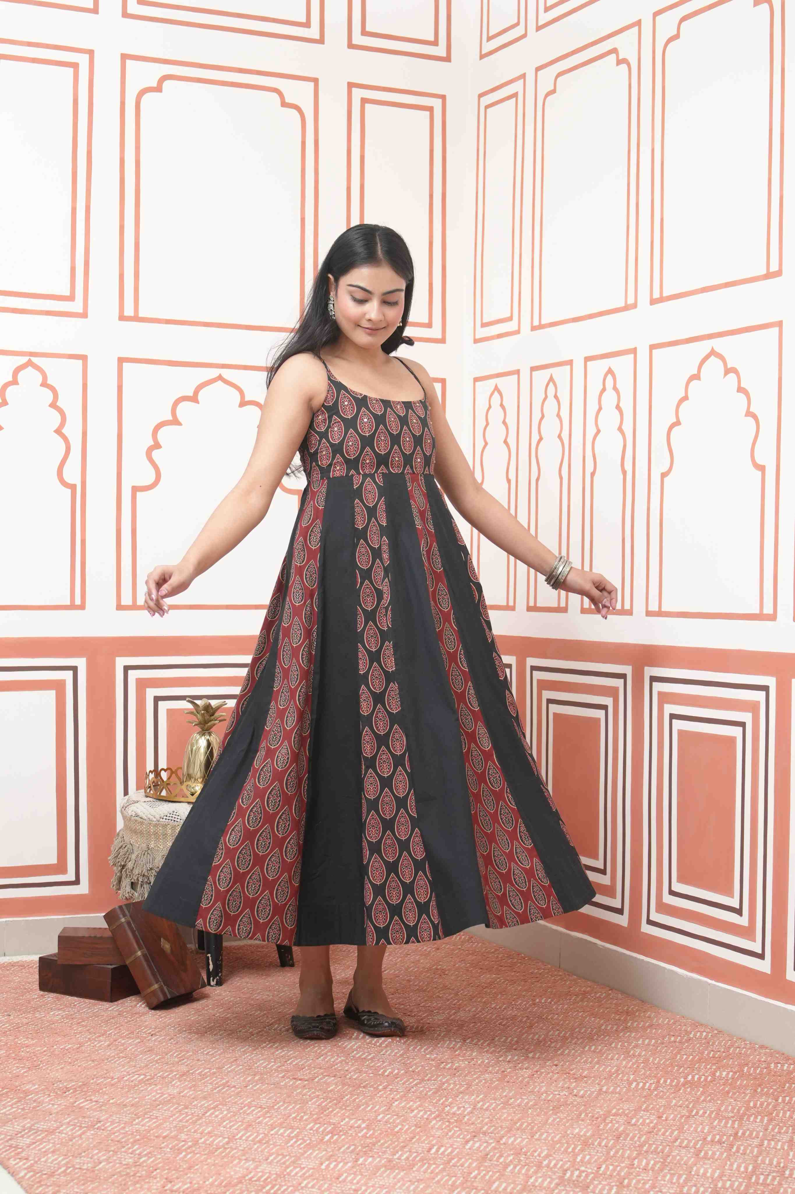 Pehraan Anarkali Cotton 2 Piece Kurta Set (Kurti + Dupatta) for Women For Festive Wear - Red & Black