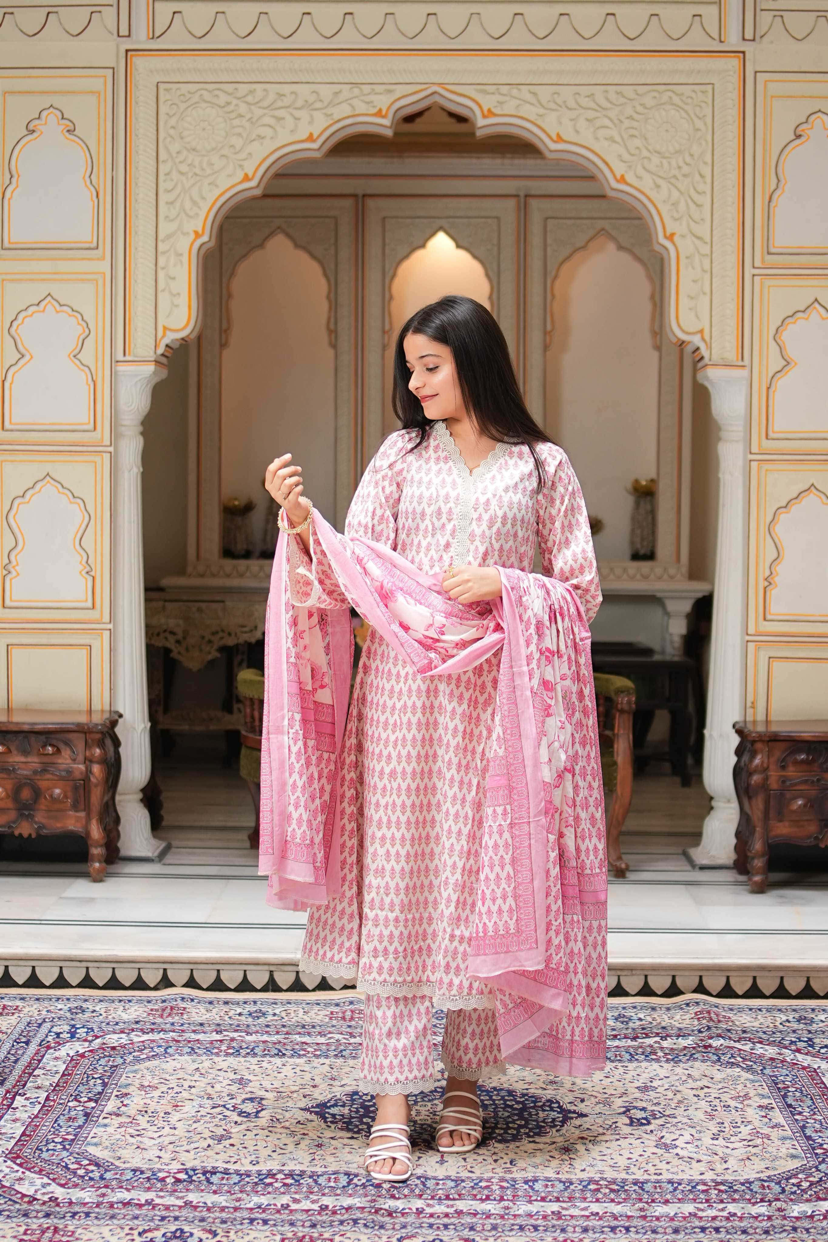 Pehraan Straight Fit Cotton 3 Piece Kurta Set for Women For Office & Casual Wear - Pink