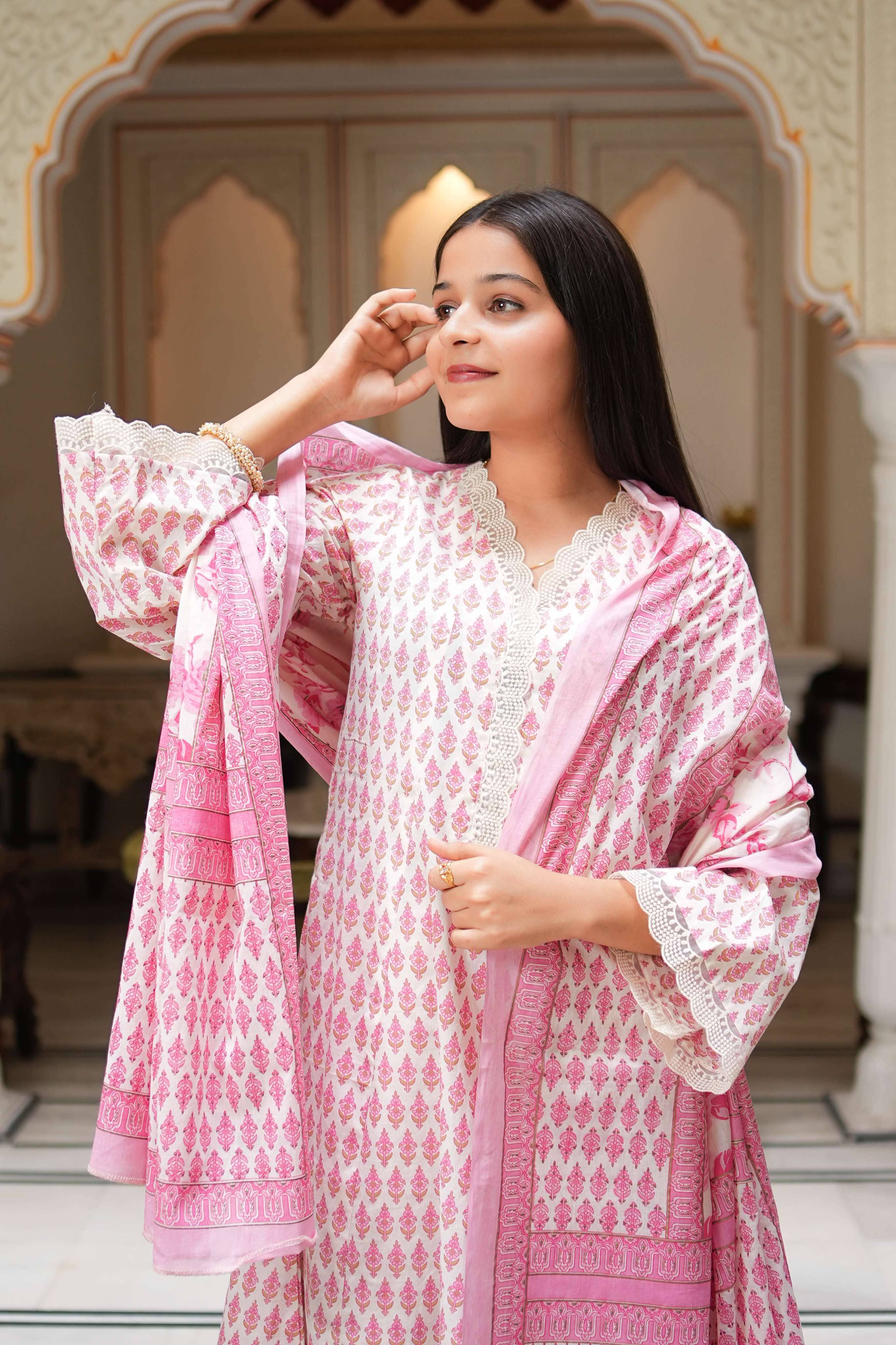 Pehraan Straight Fit Cotton 3 Piece Kurta Set for Women For Office & Casual Wear - Pink