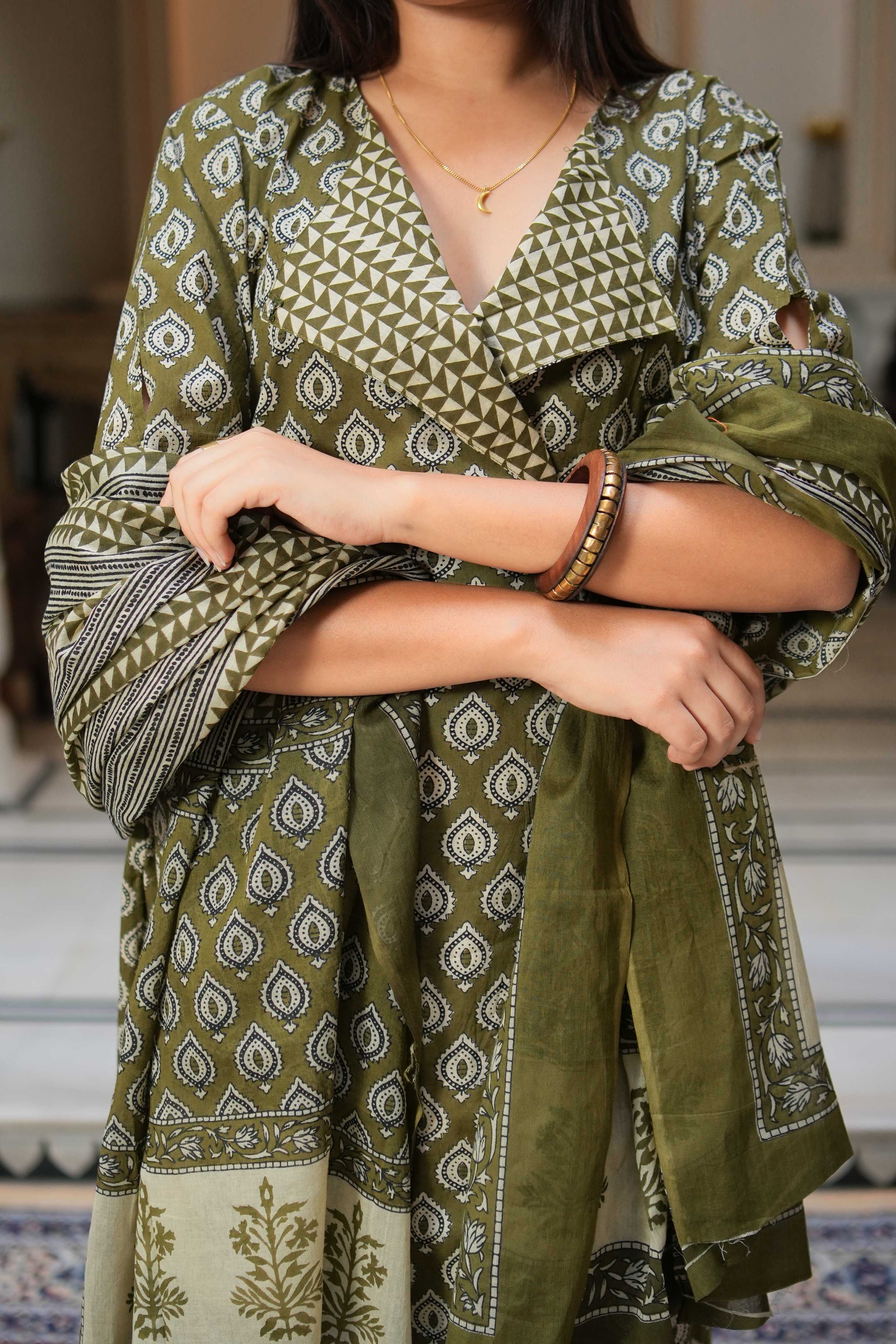 Pehraan Straight Fit Cotton 3 Piece Kurta Set for Women For Office & Casual Wear - Olive Green