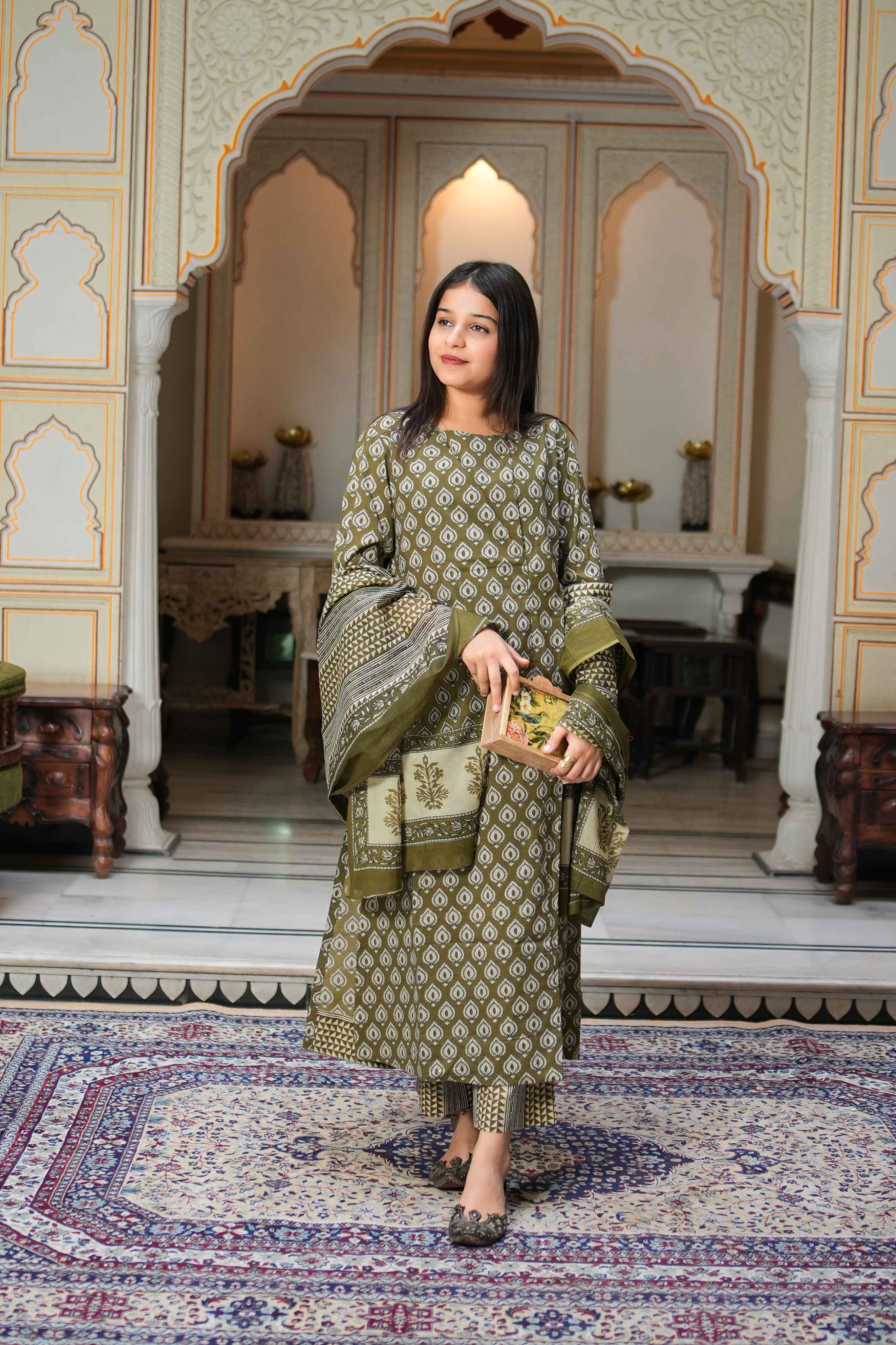 Pehraan Straight Fit Cotton 3 Piece Kurta Set for Women For Office & Casual Wear - Olive Green