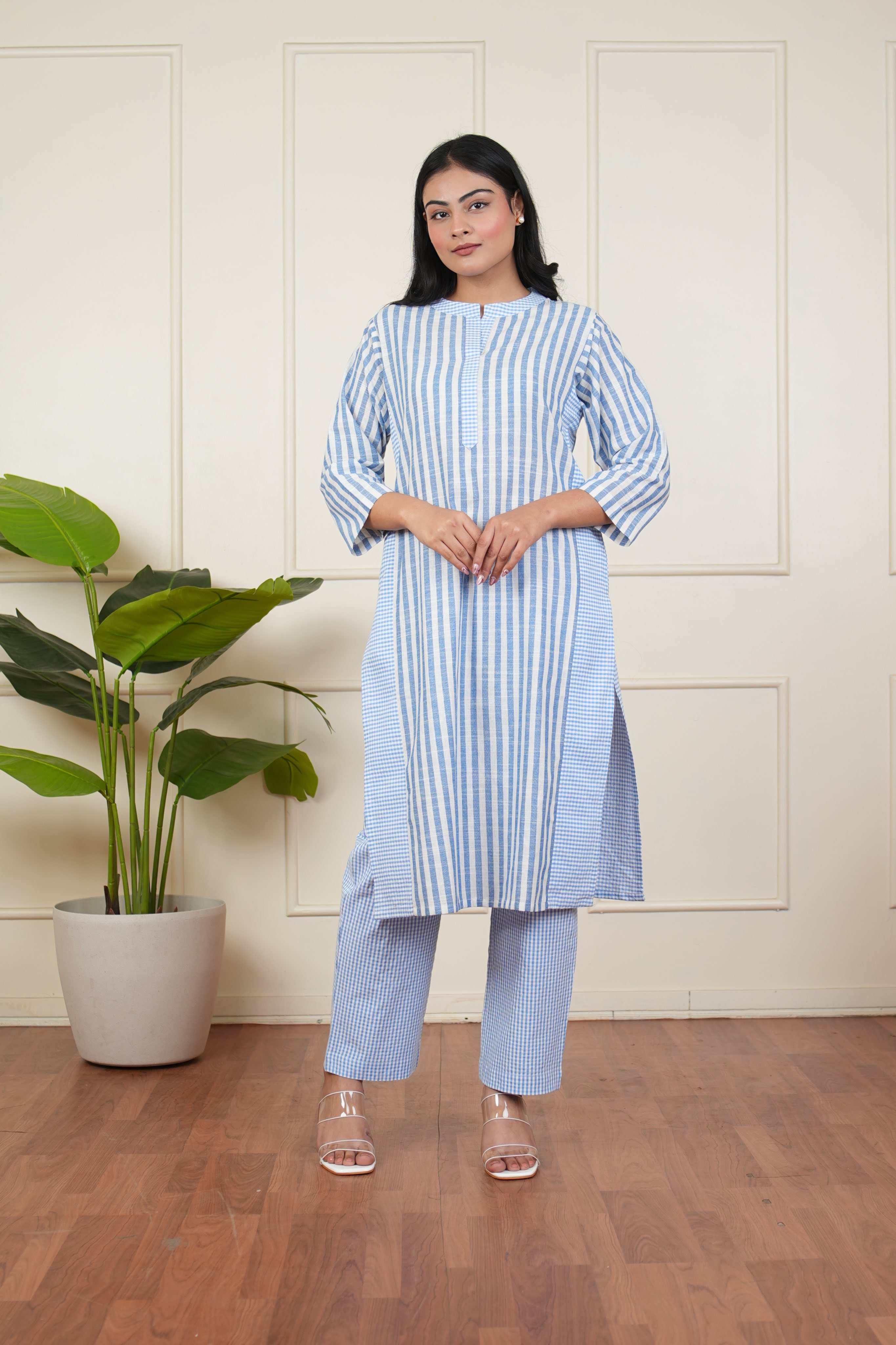 Pehraan Straight Fit Cotton 2 Piece Kurta Set for Women For Office & Casual Wear - Blue