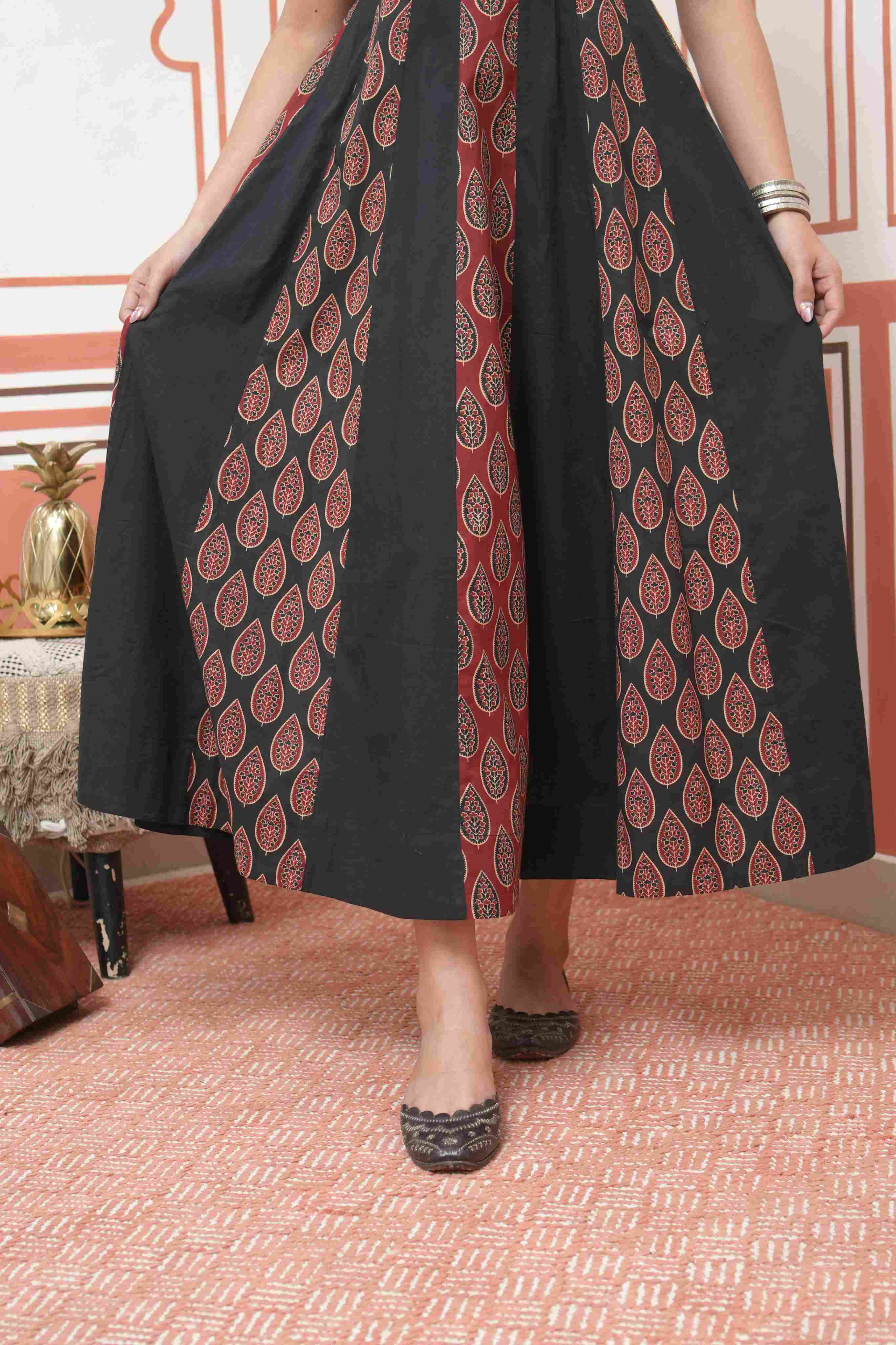 Pehraan Anarkali Cotton 2 Piece Kurta Set (Kurti + Dupatta) for Women For Festive Wear - Red & Black