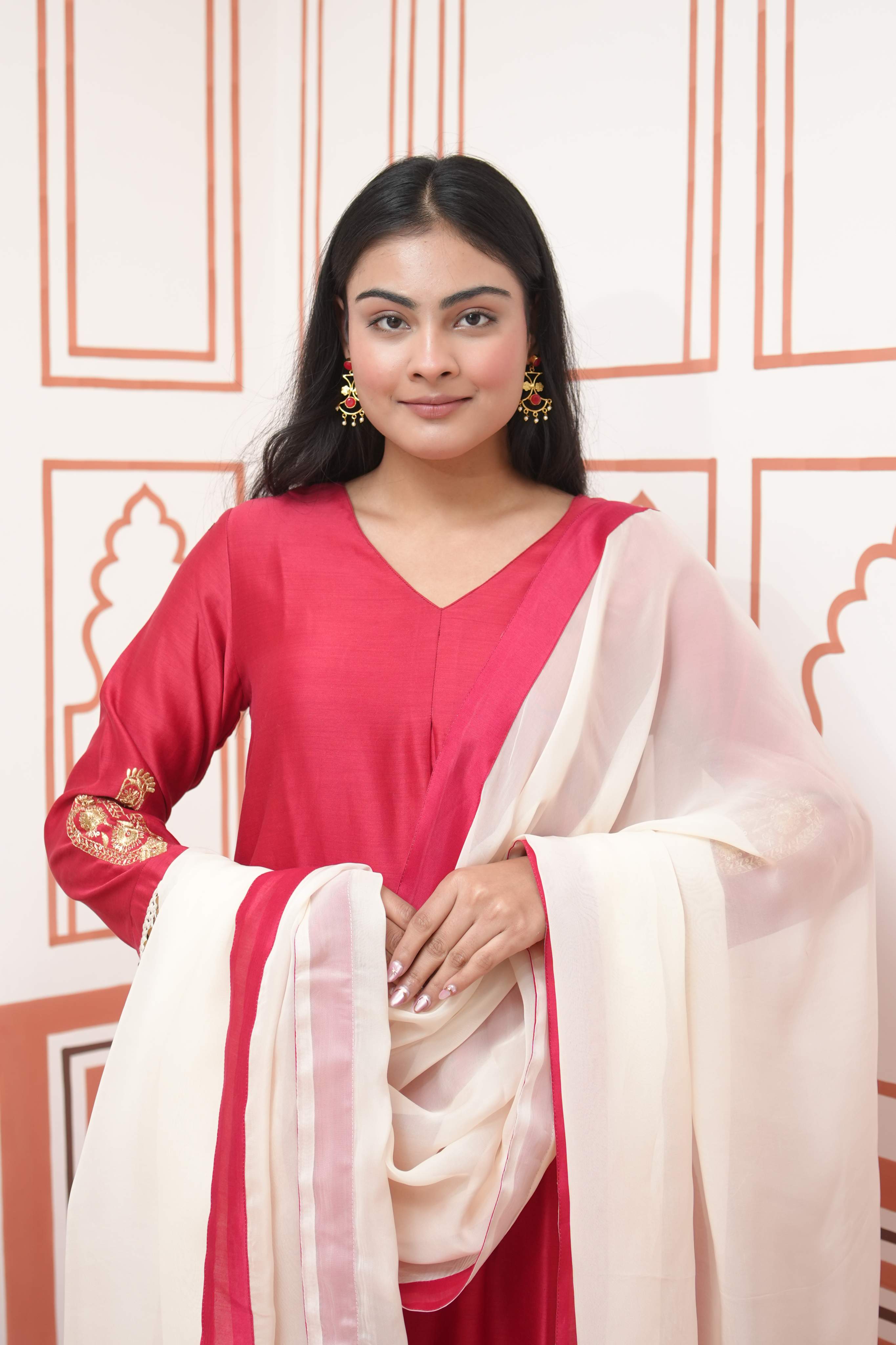 Pehraan Straight Fit Cotton 3 Piece Kurta Set for Women For Festive Wear - Red