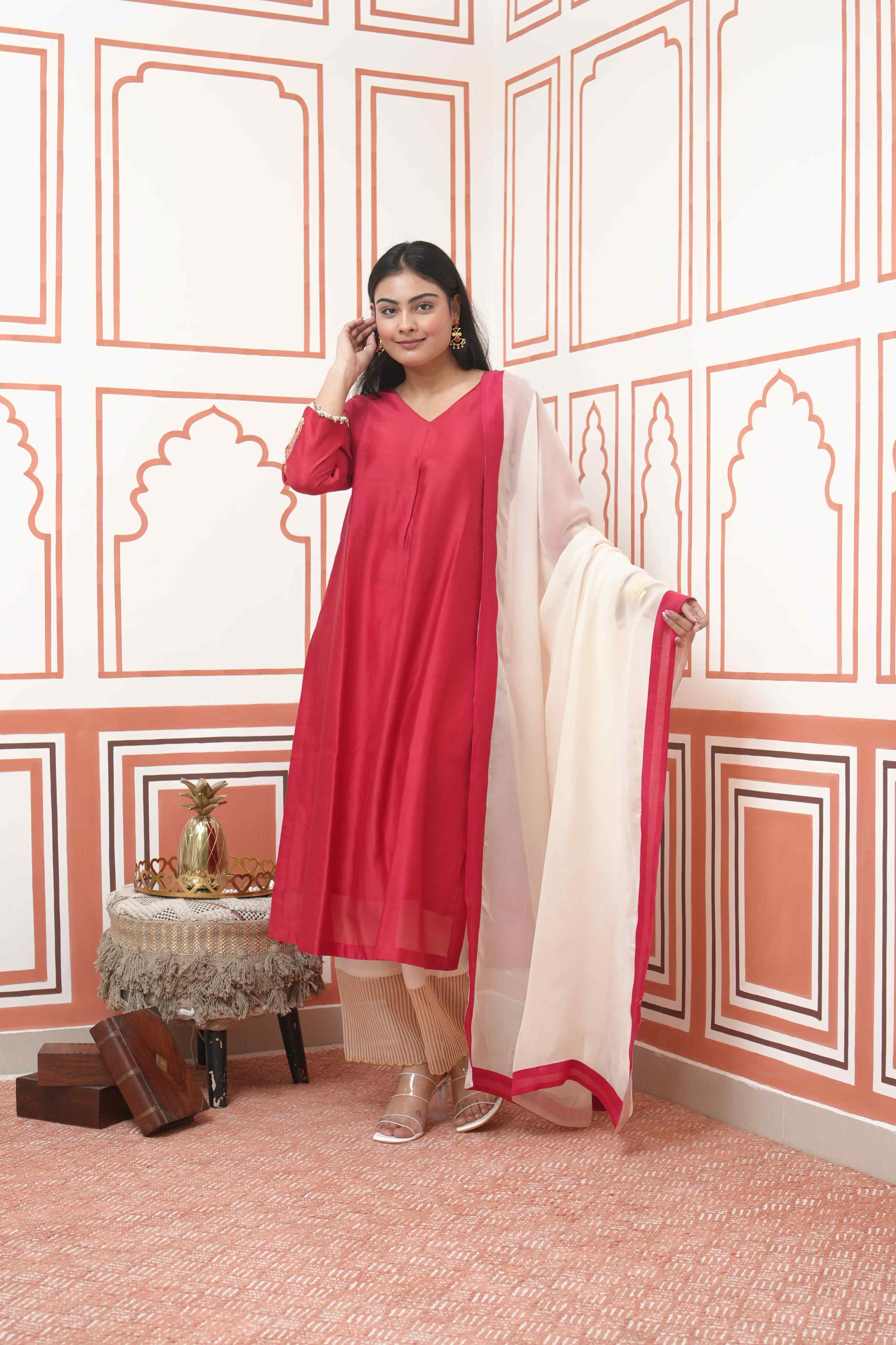 Pehraan Straight Fit Cotton 3 Piece Kurta Set for Women For Festive Wear - Red