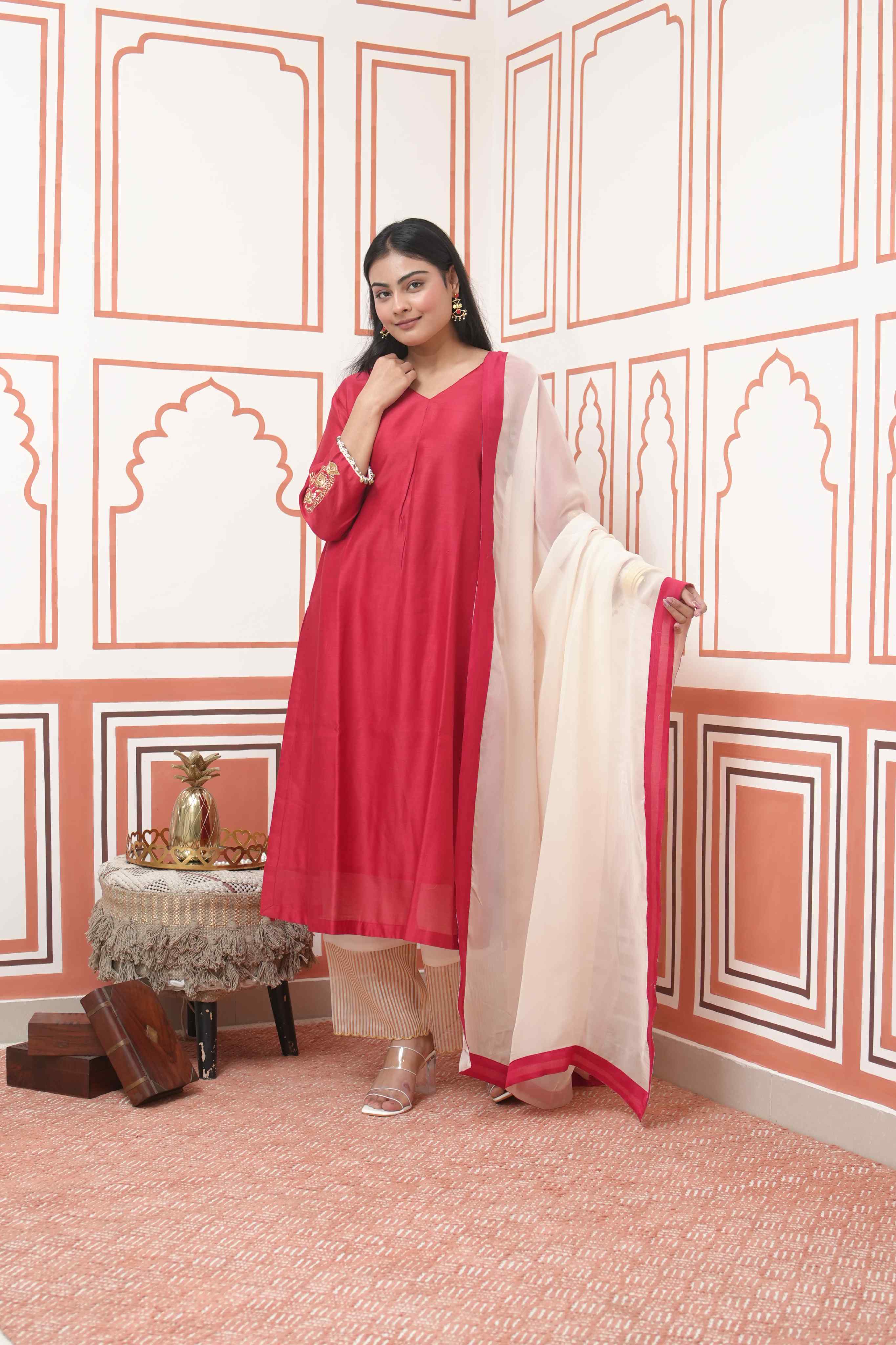 Pehraan Straight Fit Cotton 3 Piece Kurta Set for Women For Festive Wear - Red