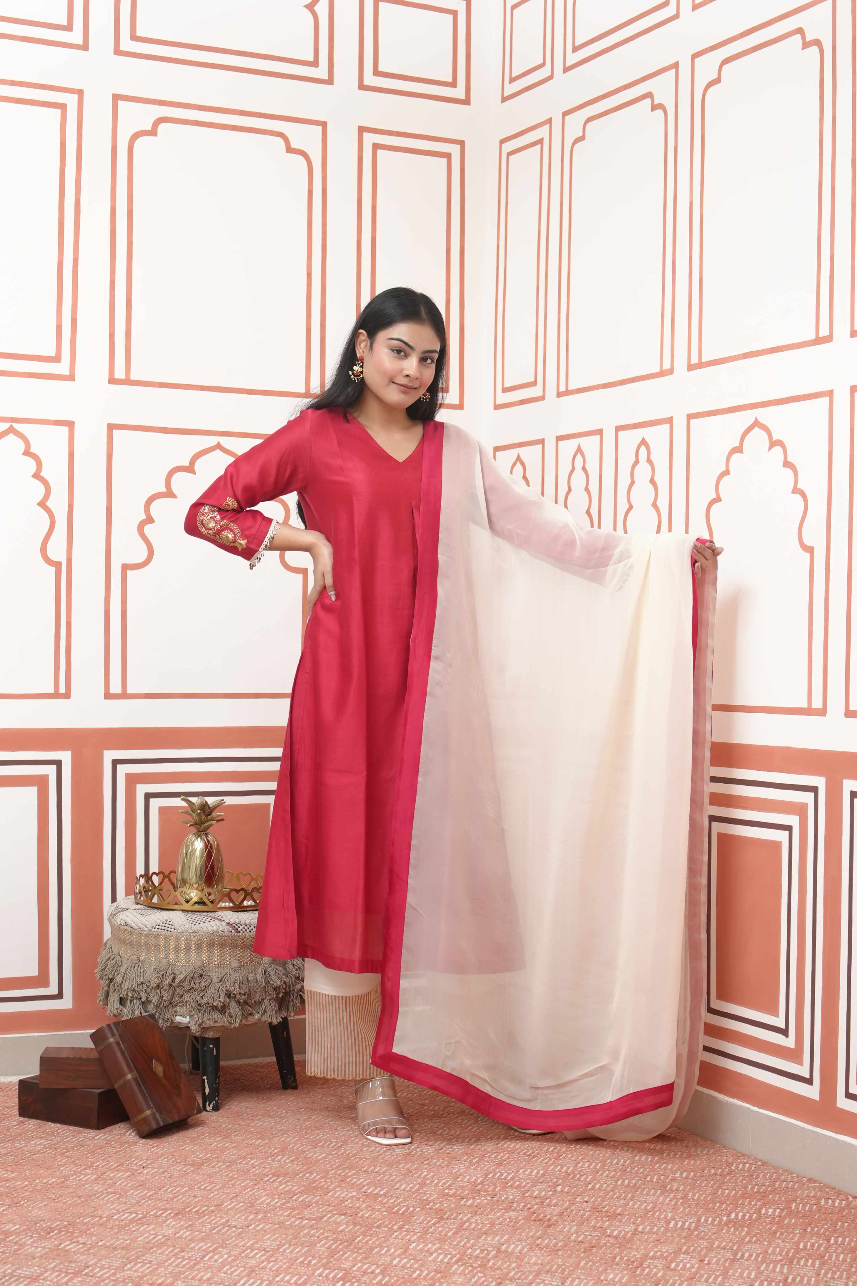 Pehraan Straight Fit Cotton 3 Piece Kurta Set for Women For Festive Wear - Red