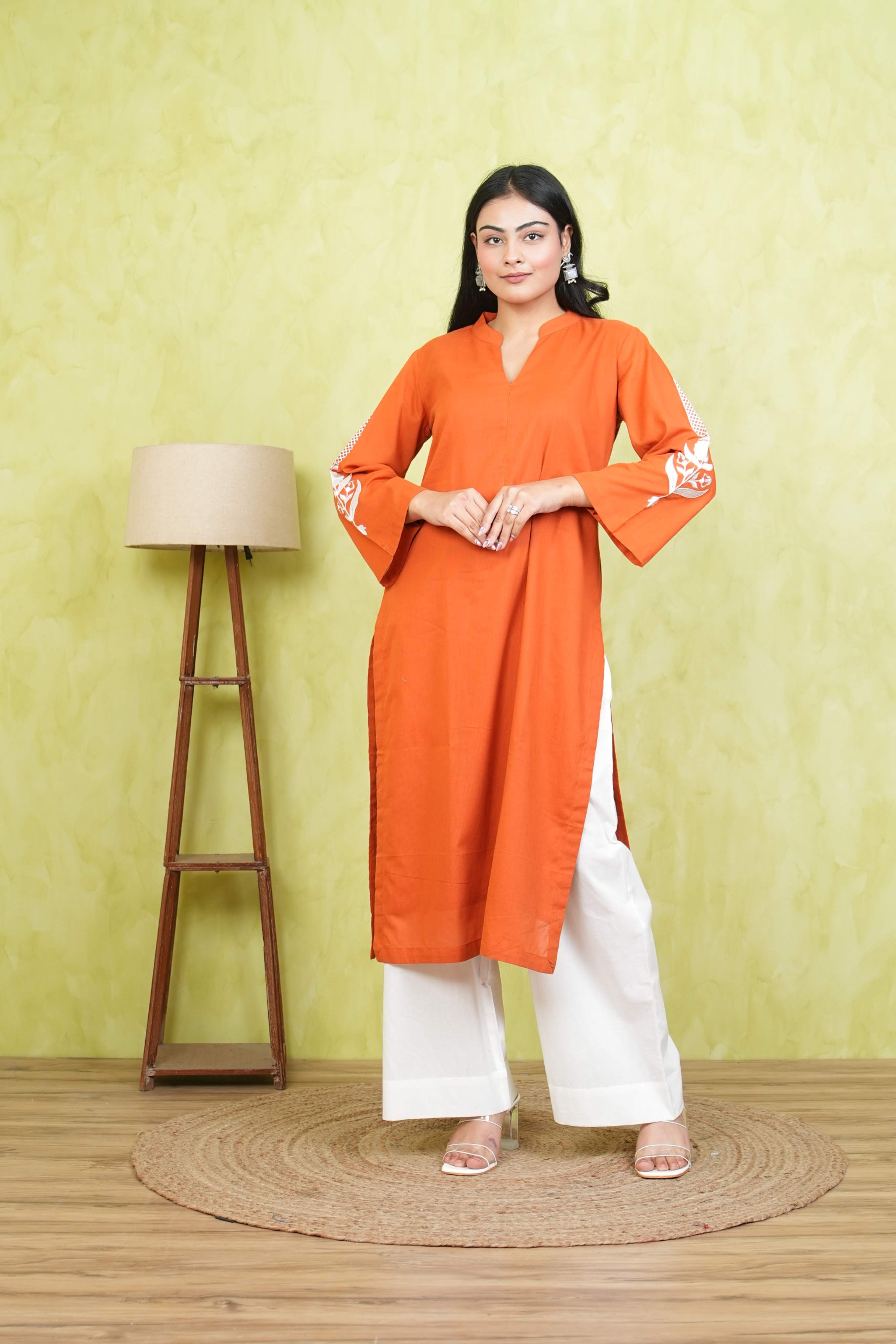 Pehraan Straight Fit Cotton 2 Piece Kurta Set for Women For Festive Wear - Orange