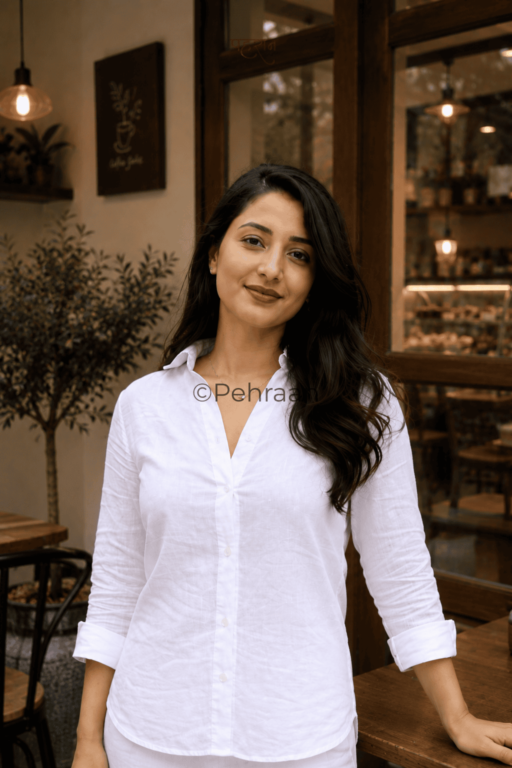 Pehraan Pure White/Black Full Sleeves Pure Cotton Relaxed Shirt