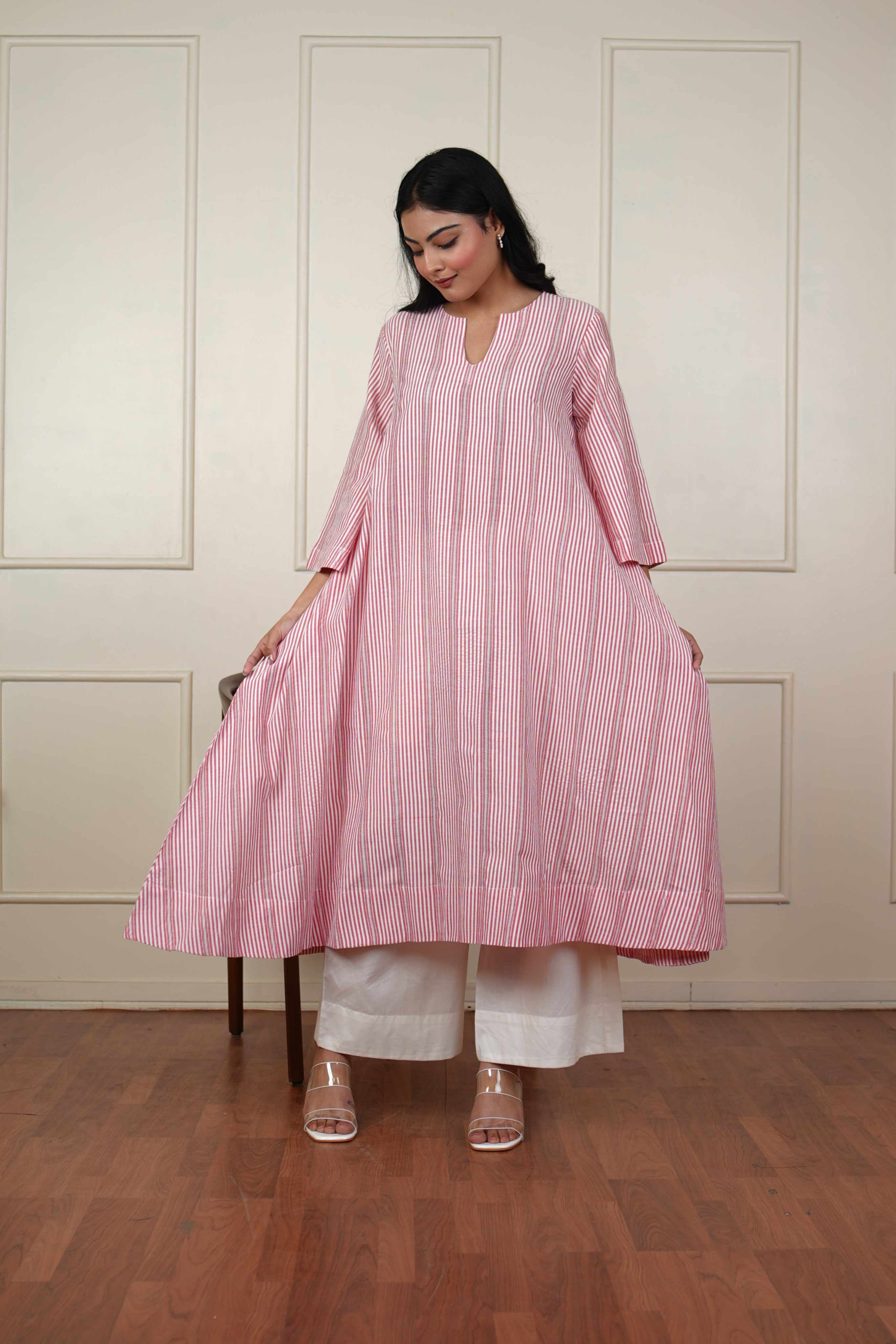 Pehraan A-Line Cotton 2 Piece Kurta Set for Women For Office & Casual Wear - Pink