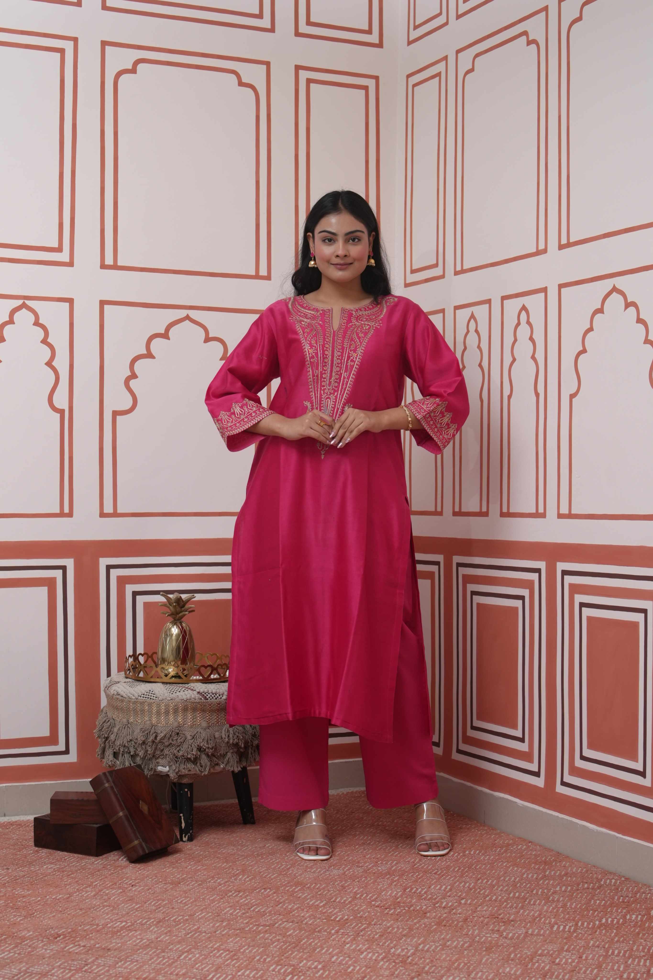 Pehraan Straight Fit Cotton 2 Piece Kurta Set for Women For Festive Wear - Fuchsia Pink