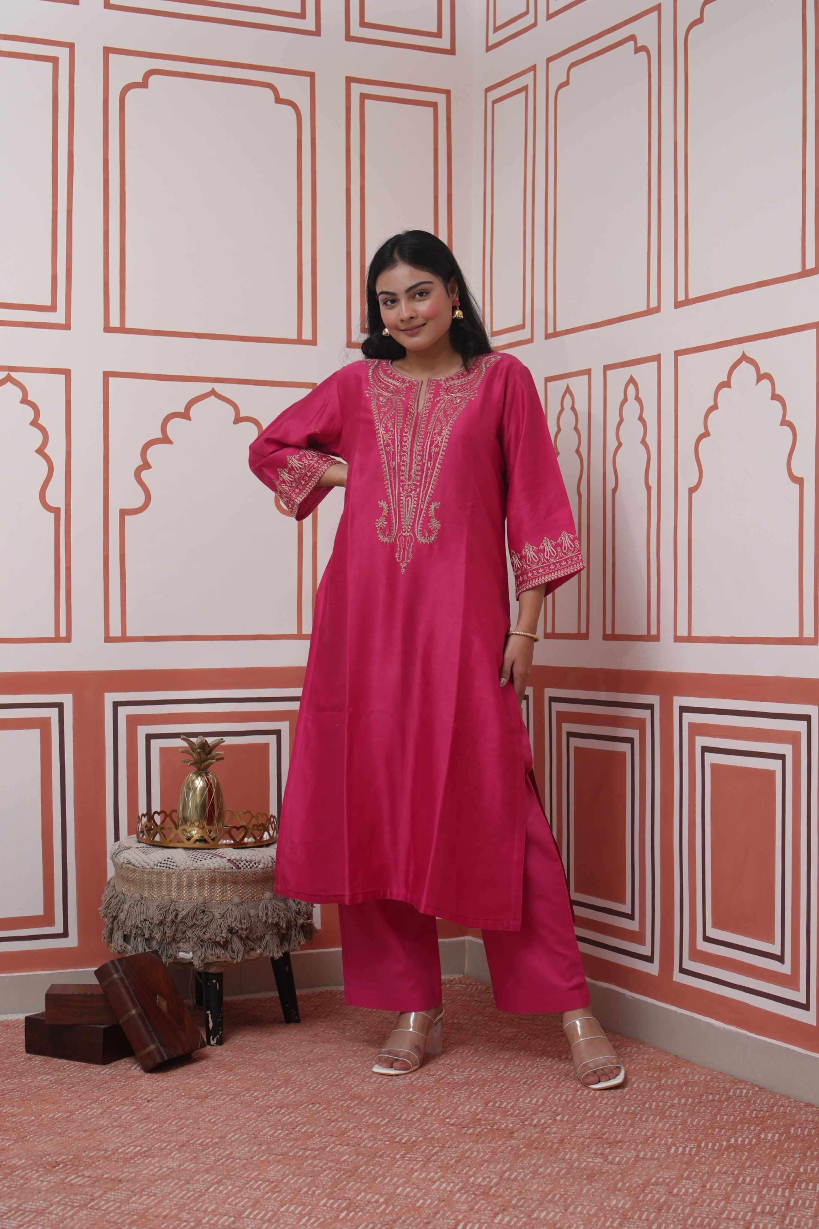 Pehraan Straight Fit Cotton 2 Piece Kurta Set for Women For Festive Wear - Fuchsia Pink