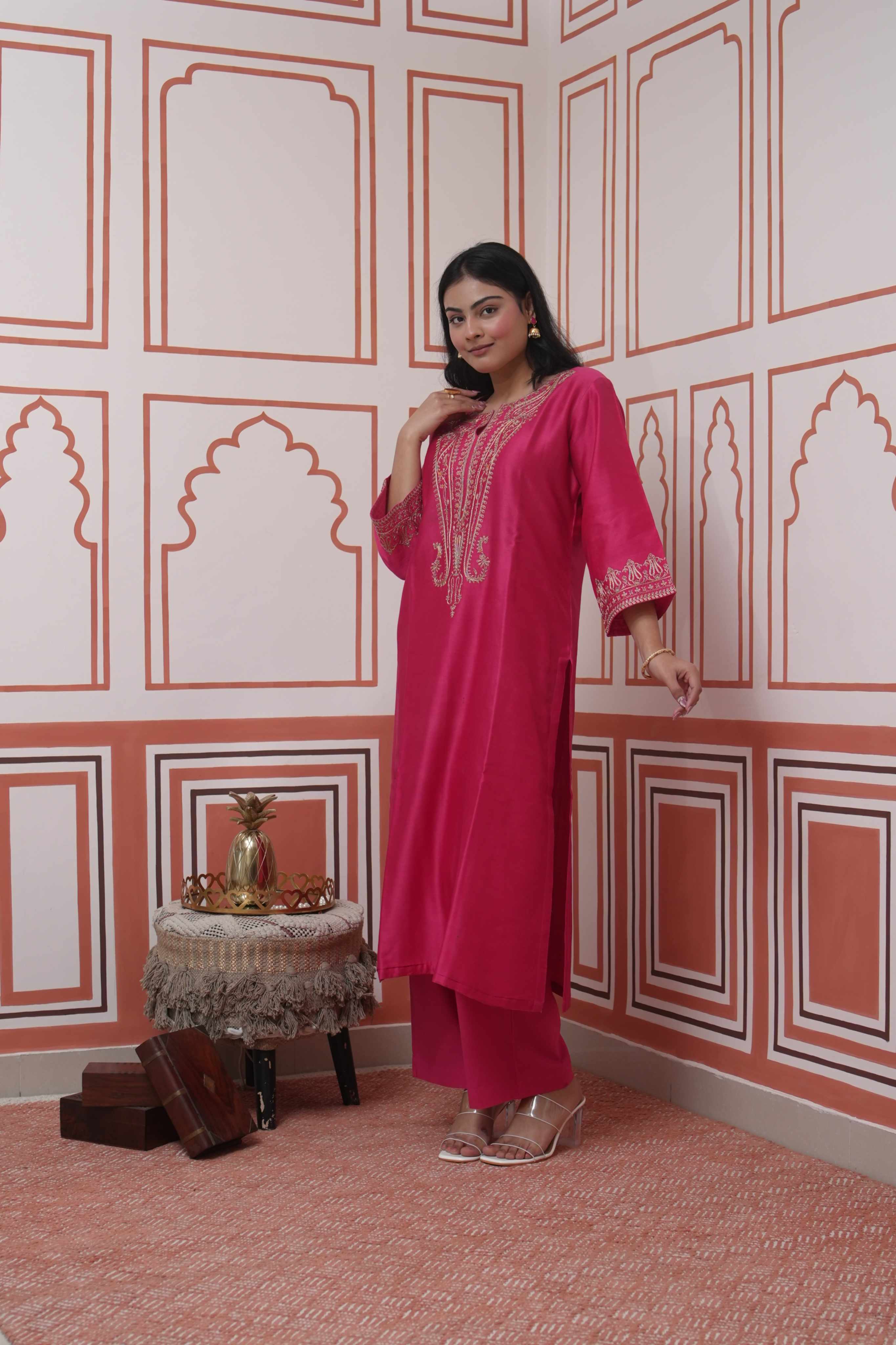 Pehraan Straight Fit Cotton 2 Piece Kurta Set for Women For Festive Wear - Fuchsia Pink