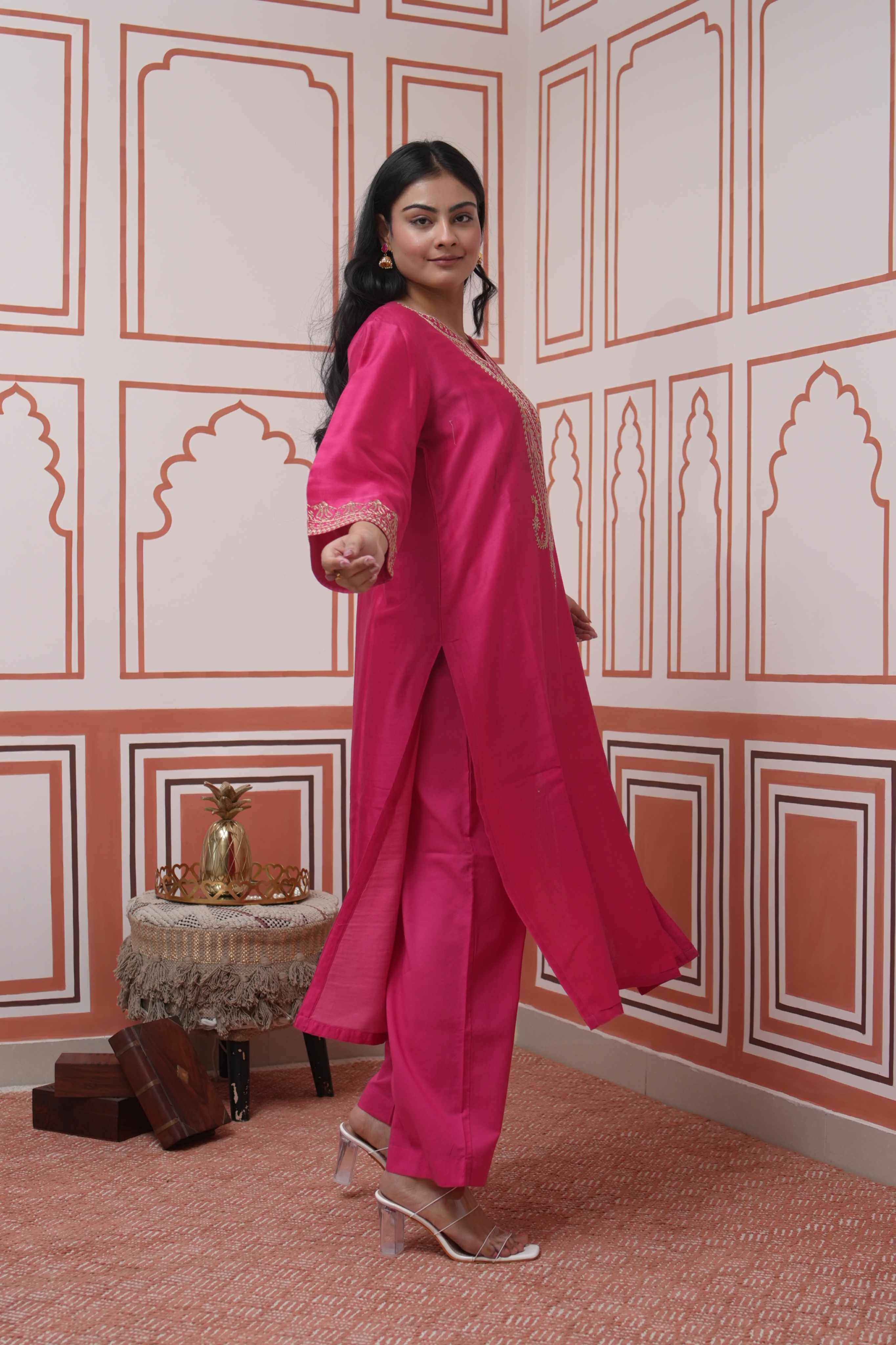 Pehraan Straight Fit Cotton 2 Piece Kurta Set for Women For Festive Wear - Fuchsia Pink