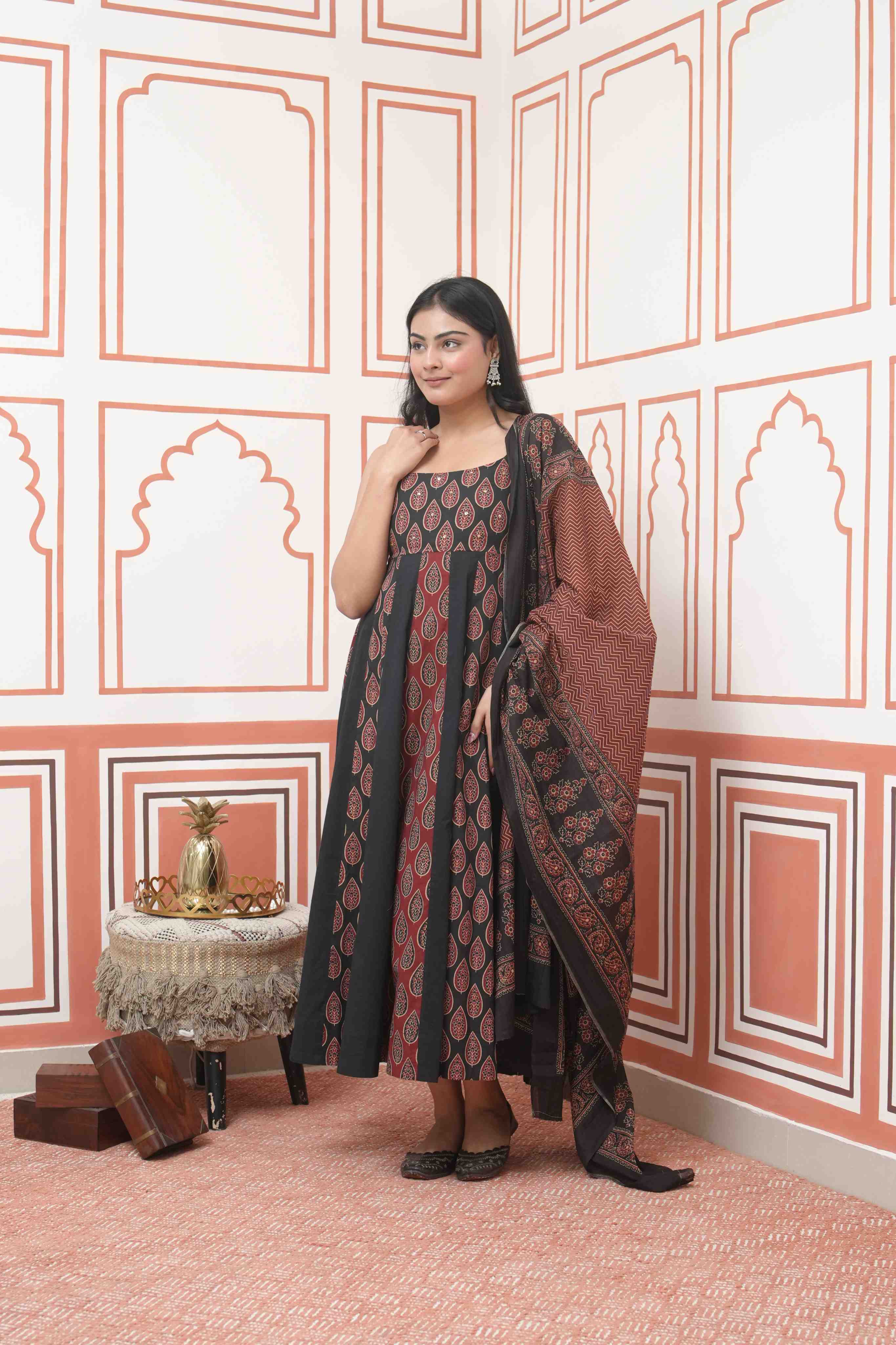 Pehraan Anarkali Cotton 2 Piece Kurta Set (Kurti + Dupatta) for Women For Festive Wear - Red & Black