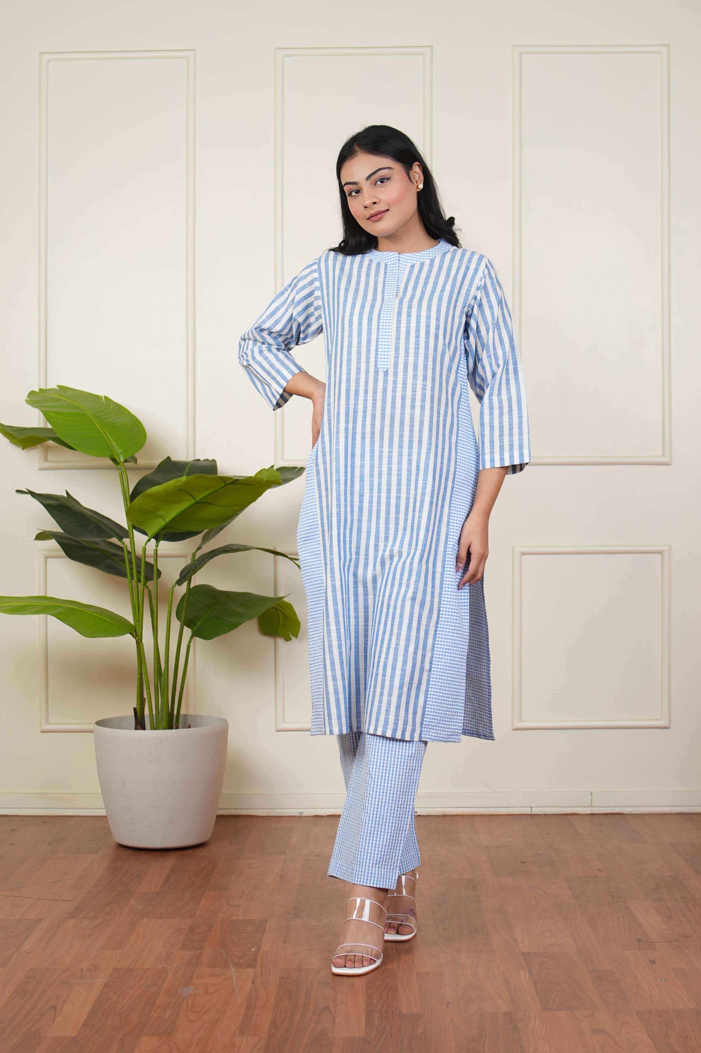 Pehraan Straight Fit Cotton 2 Piece Kurta Set for Women For Office & Casual Wear - Blue