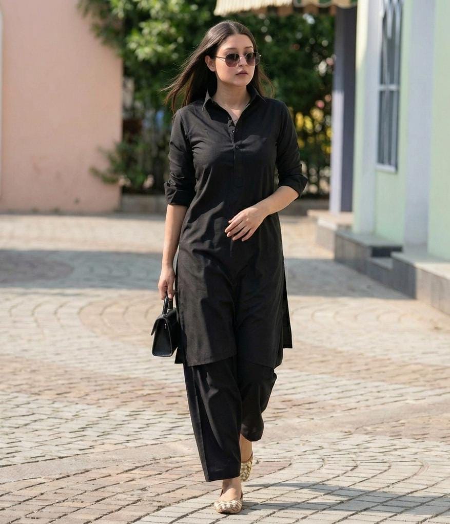 Pehraan Classic Black Cotton Kurta Pant Set for Girls/Women for Office & Casual wear