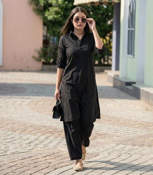 Pehraan Classic Black Cotton Kurta Pant Set for Girls/Women for Office & Casual wear
