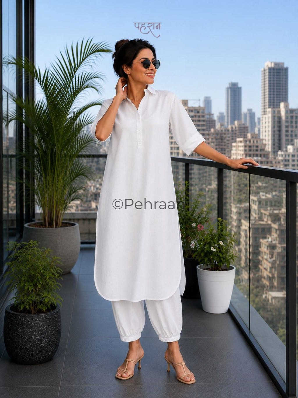 Pehraan Pathani Cotton 2 Piece Kurta Set for Women For Office & Casual Wear - Black/White