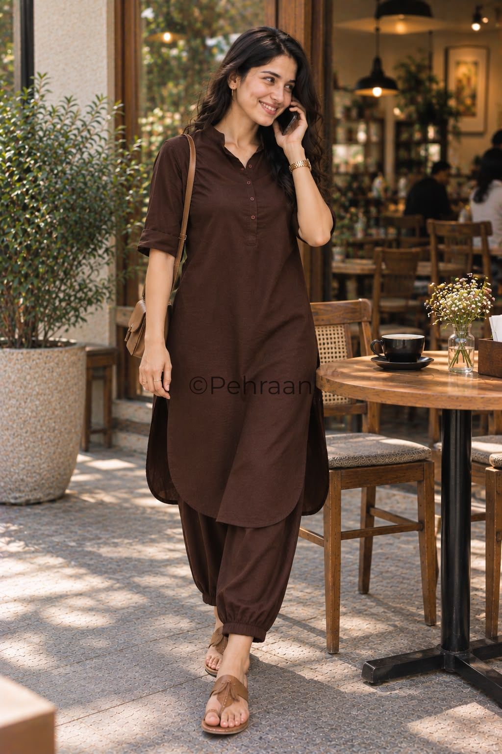 Pehraan Pathani Cotton 2 Piece Kurta Set for Women For Office & Casual Wear - Black/White