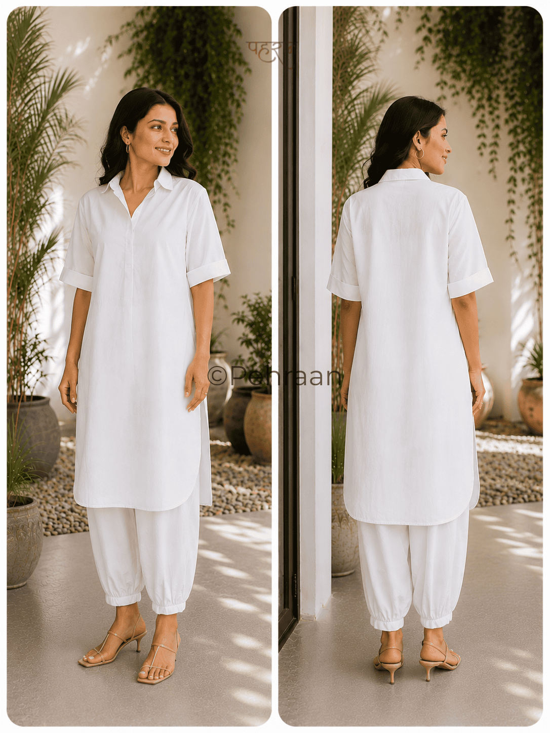 Pehraan Pathani Cotton 2 Piece Kurta Set for Women For Office & Casual Wear - Black/White