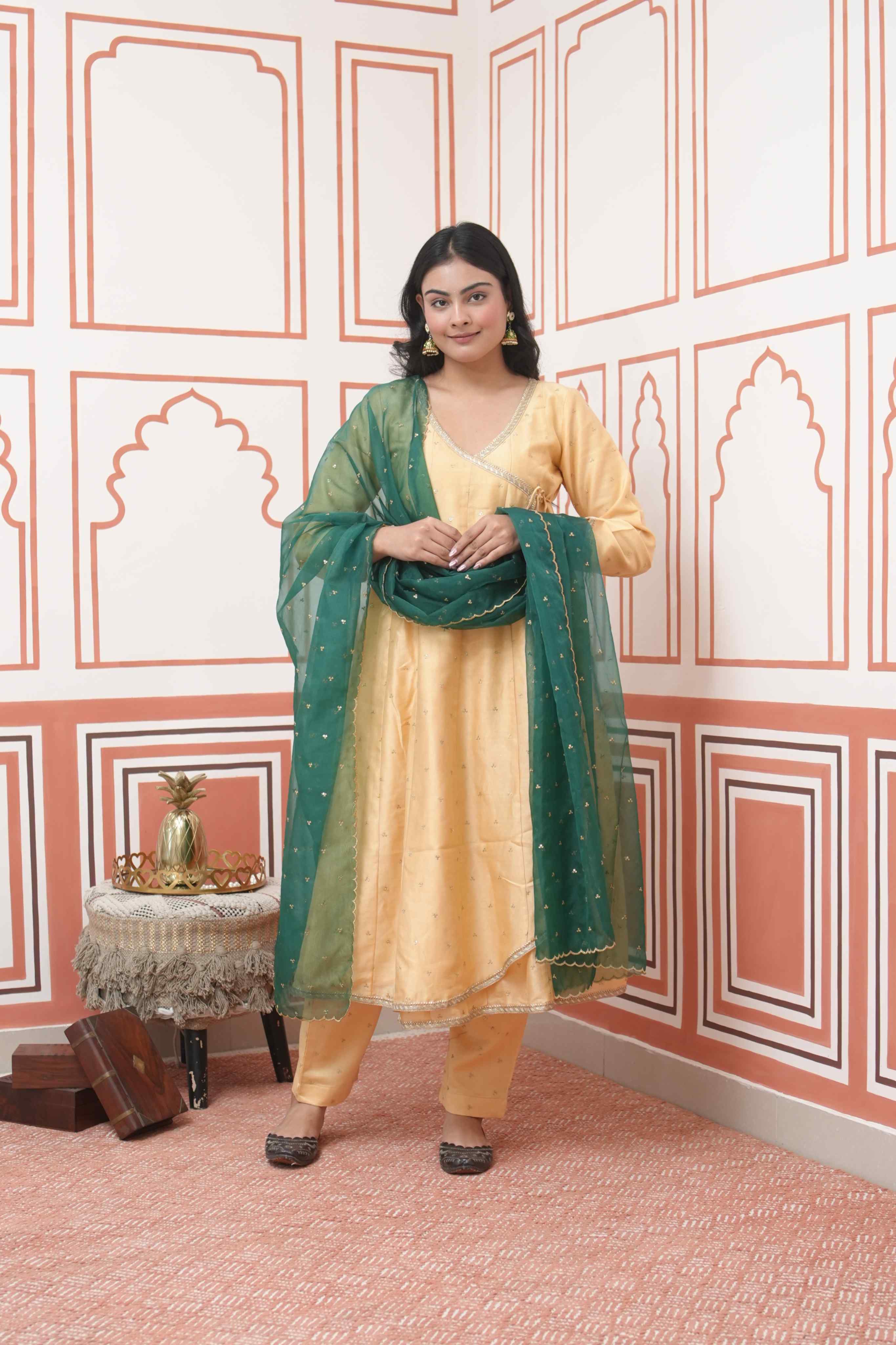 Pehraan Angrakha Cotton 3 Piece Kurta Set for Women For Festive Wear - Mustard