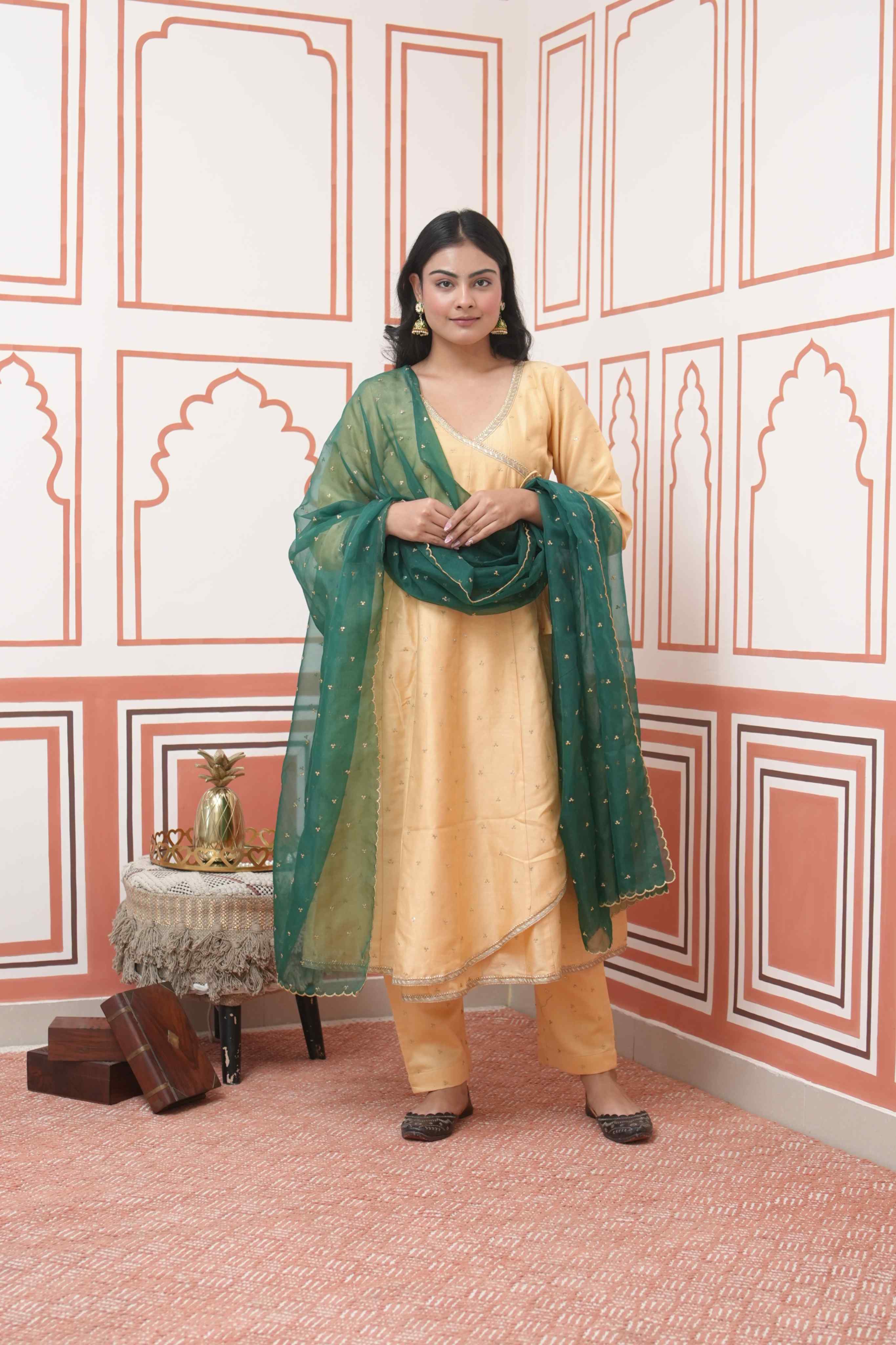 Pehraan Angrakha Cotton 3 Piece Kurta Set for Women For Festive Wear - Mustard