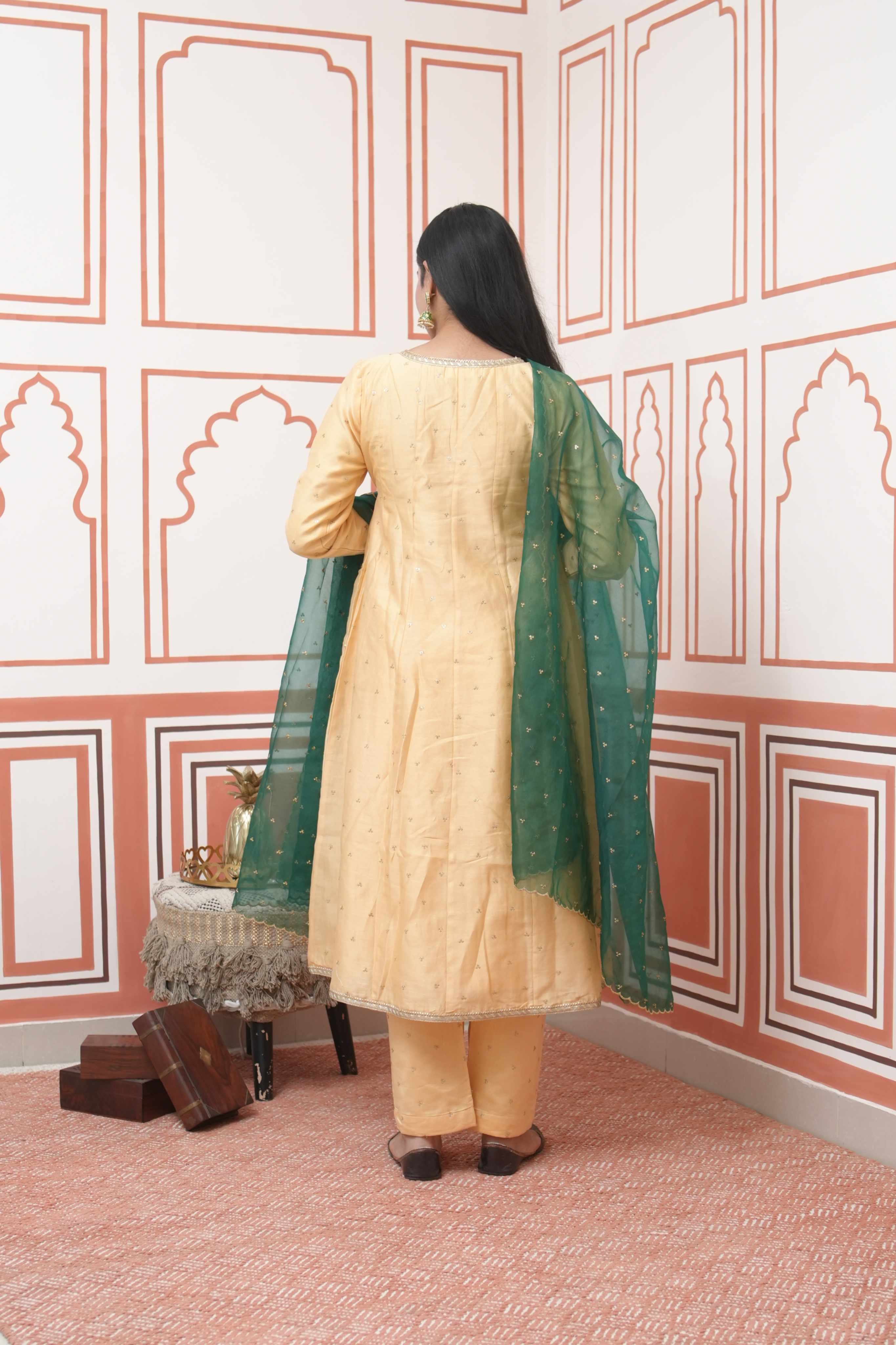 Pehraan Angrakha Cotton 3 Piece Kurta Set for Women For Festive Wear - Mustard