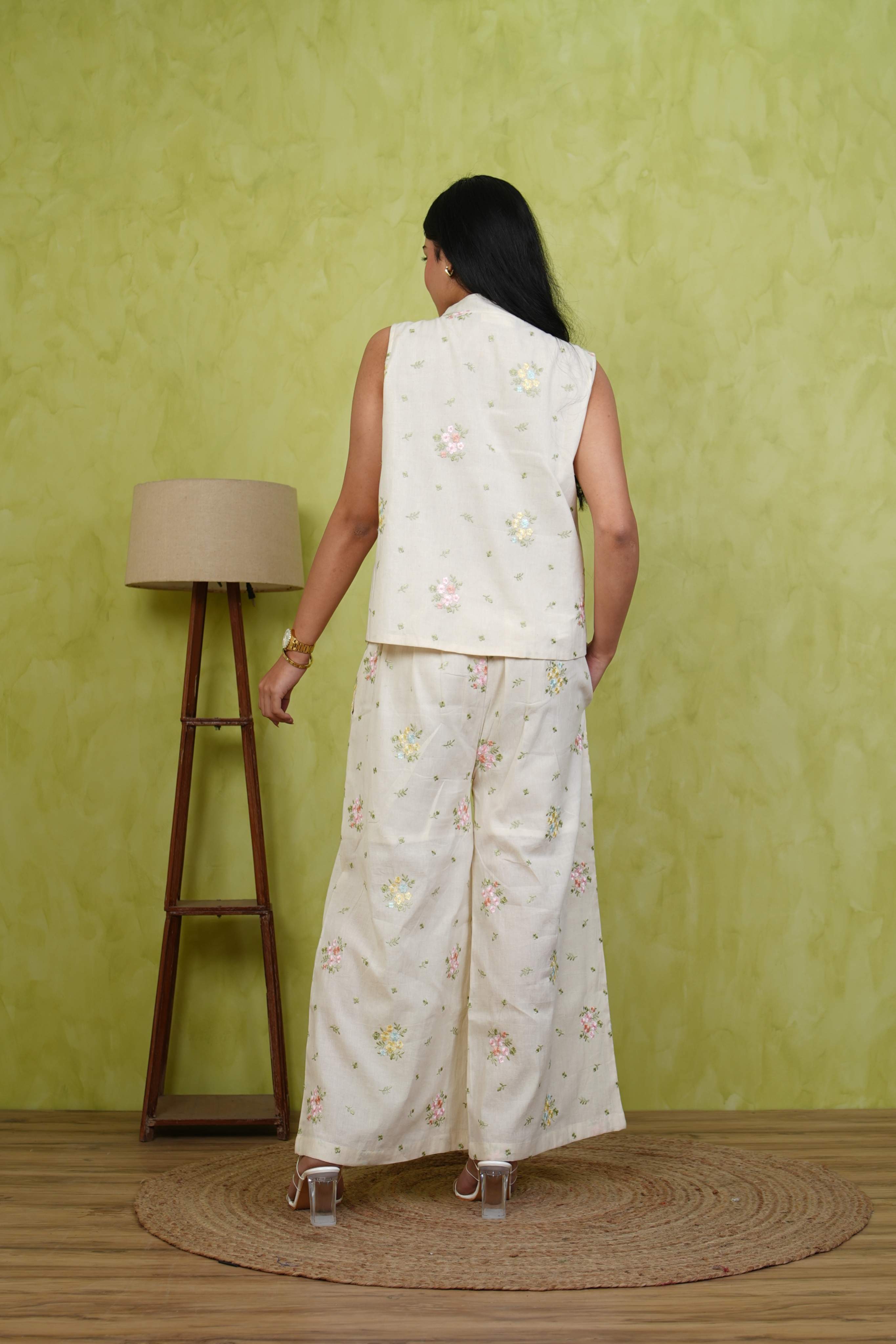 Pehraan Waistcoat Style Cotton Co-ord Set for Women For Office & Casual Wear - Beige/Off white