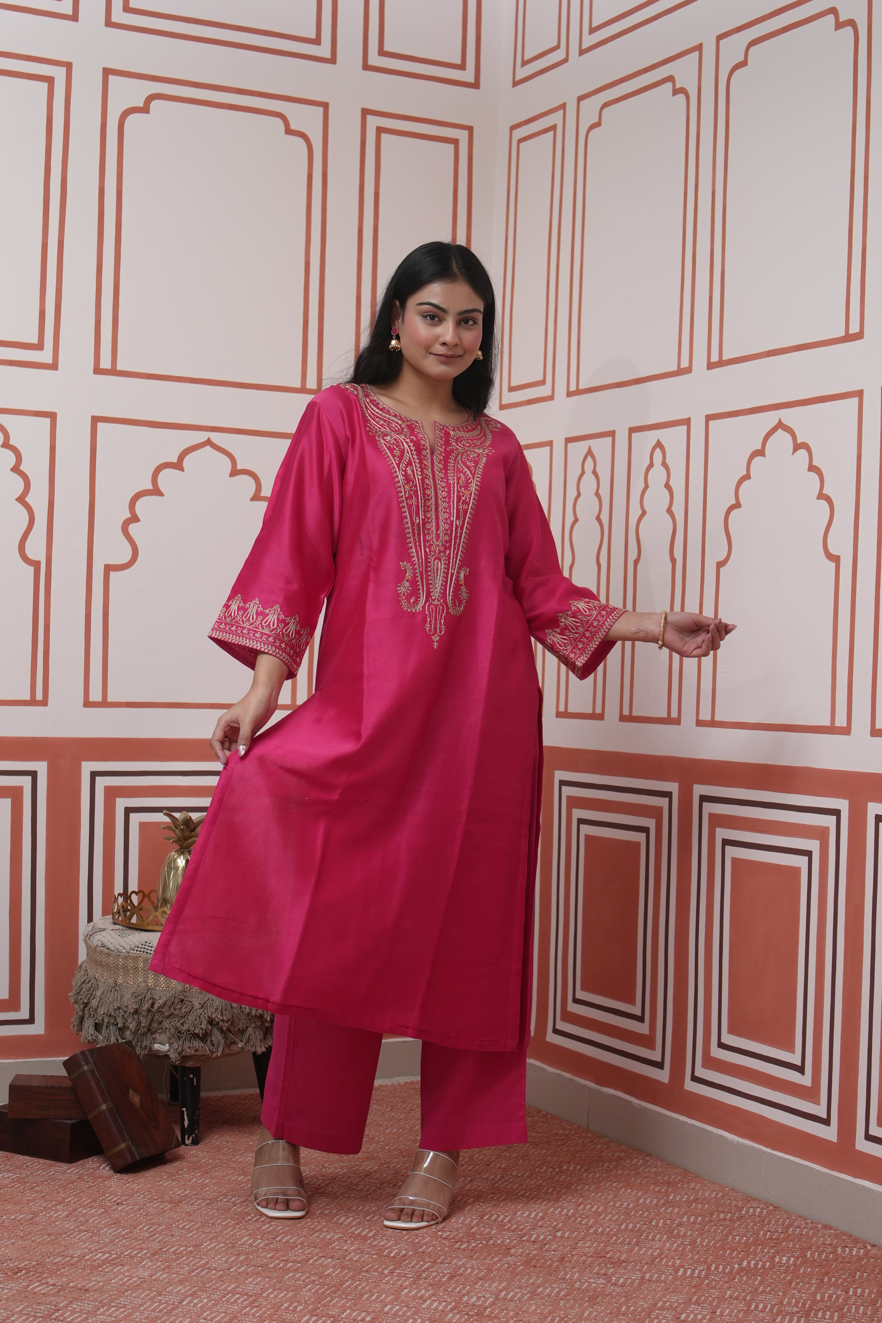 Pehraan Straight Fit Cotton 2 Piece Kurta Set for Women For Festive Wear - Fuchsia Pink