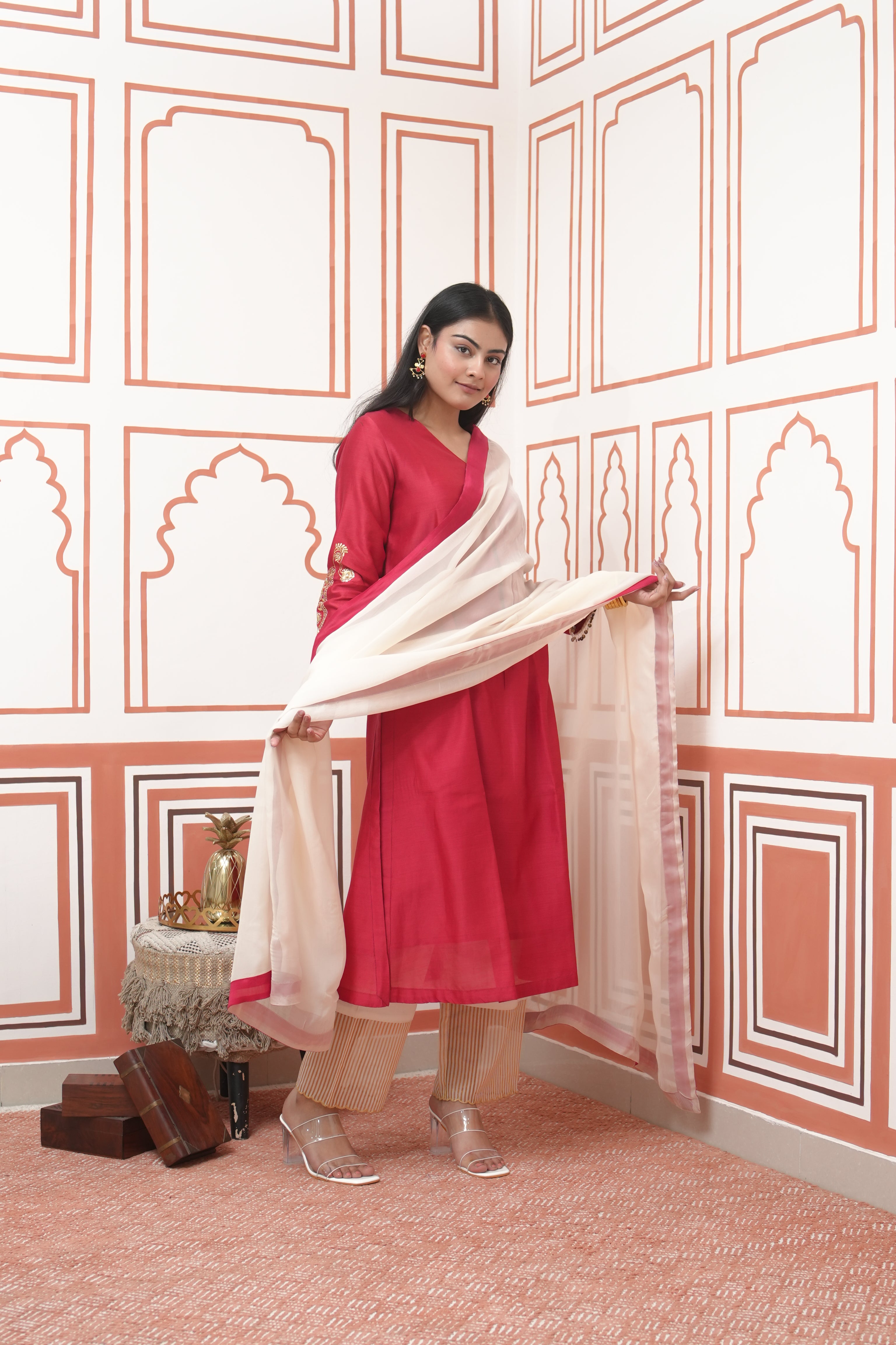 Pehraan Straight Fit Cotton 3 Piece Kurta Set for Women For Festive Wear - Red