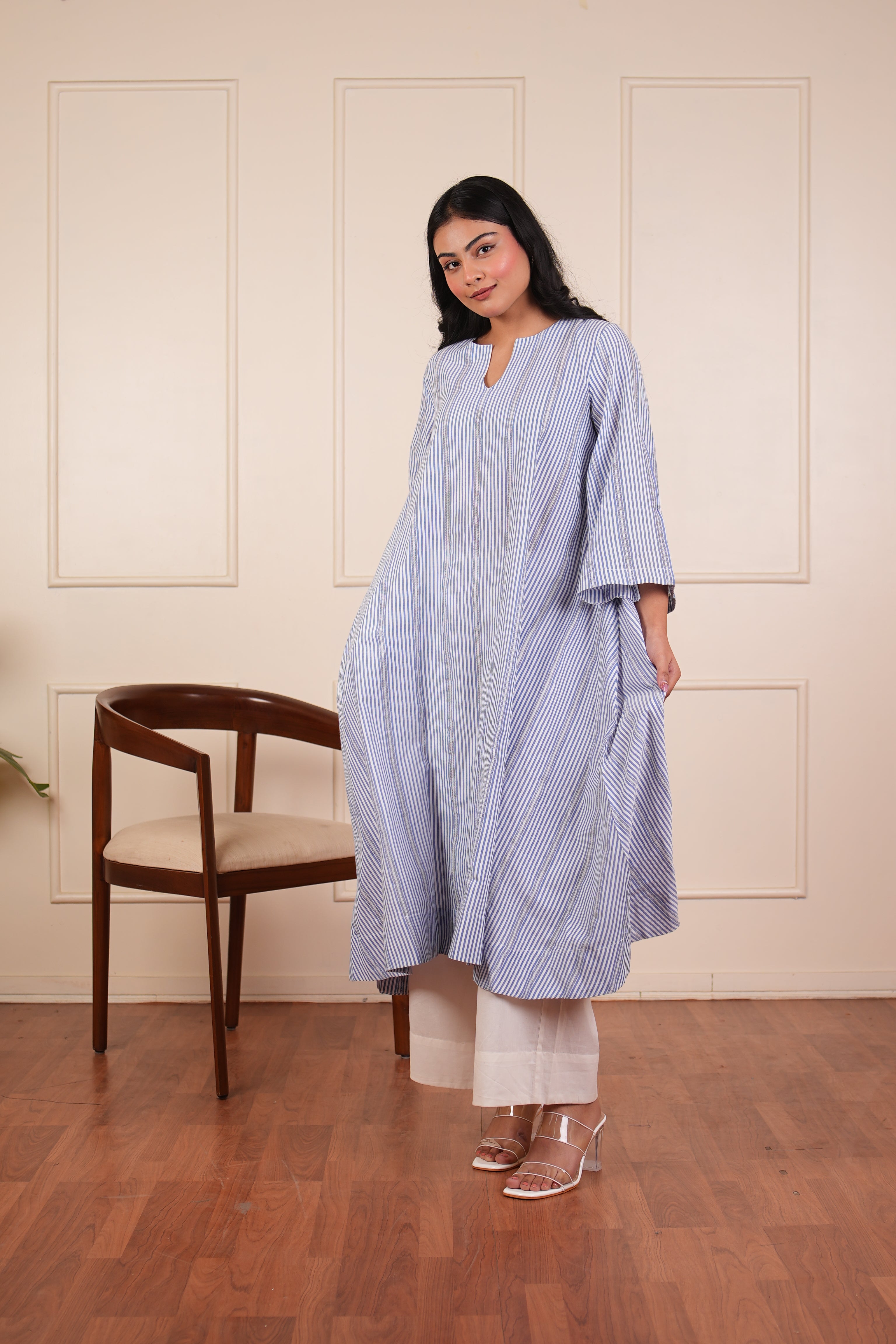 Pehraan A-Line Cotton 2 Piece Kurta Set for Women For Office & Casual Wear - Blue