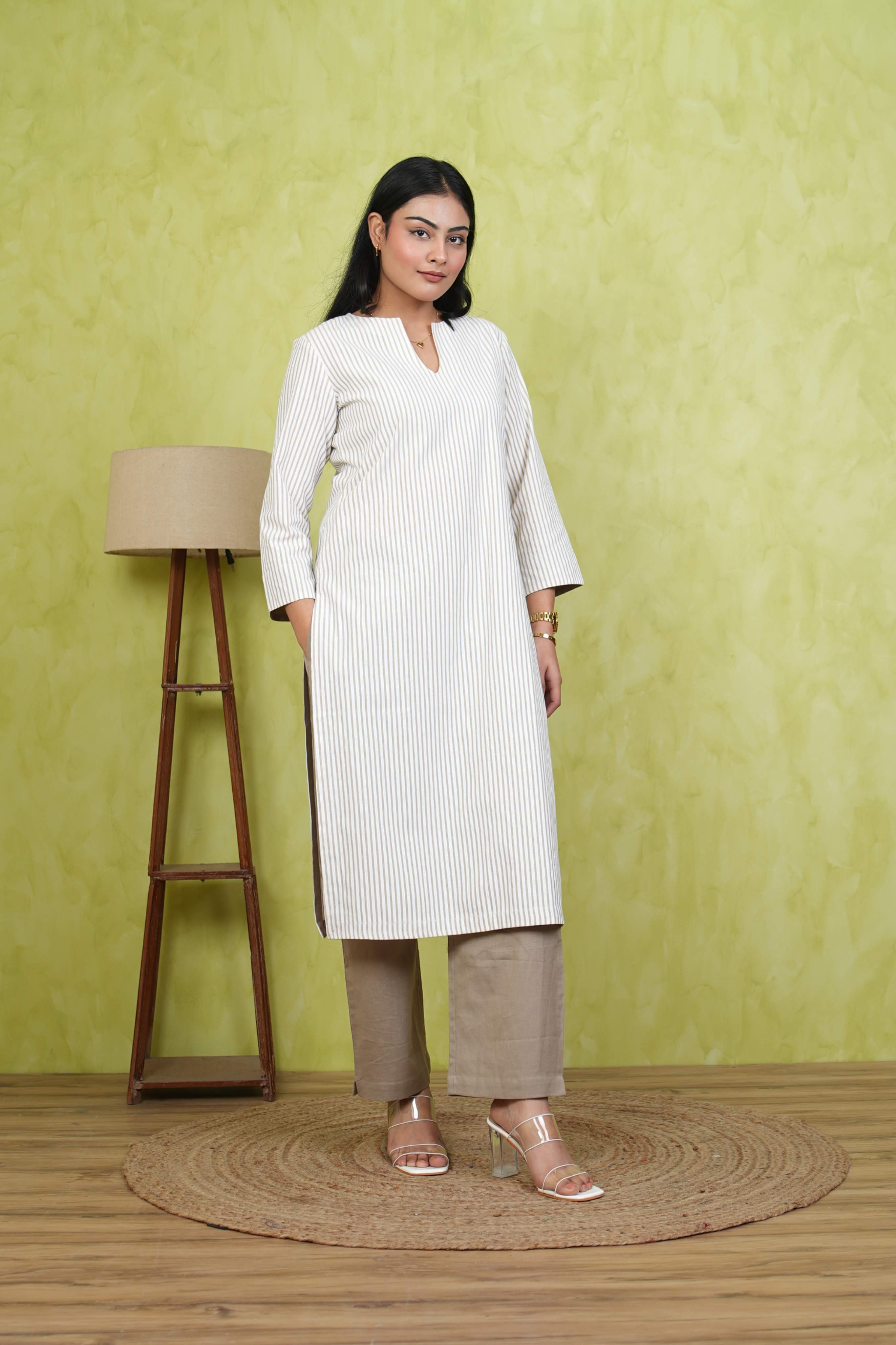 Pehraan Straight Fit Cotton 2 Piece Kurta Set for Women For Office & Casual Wear - Beige