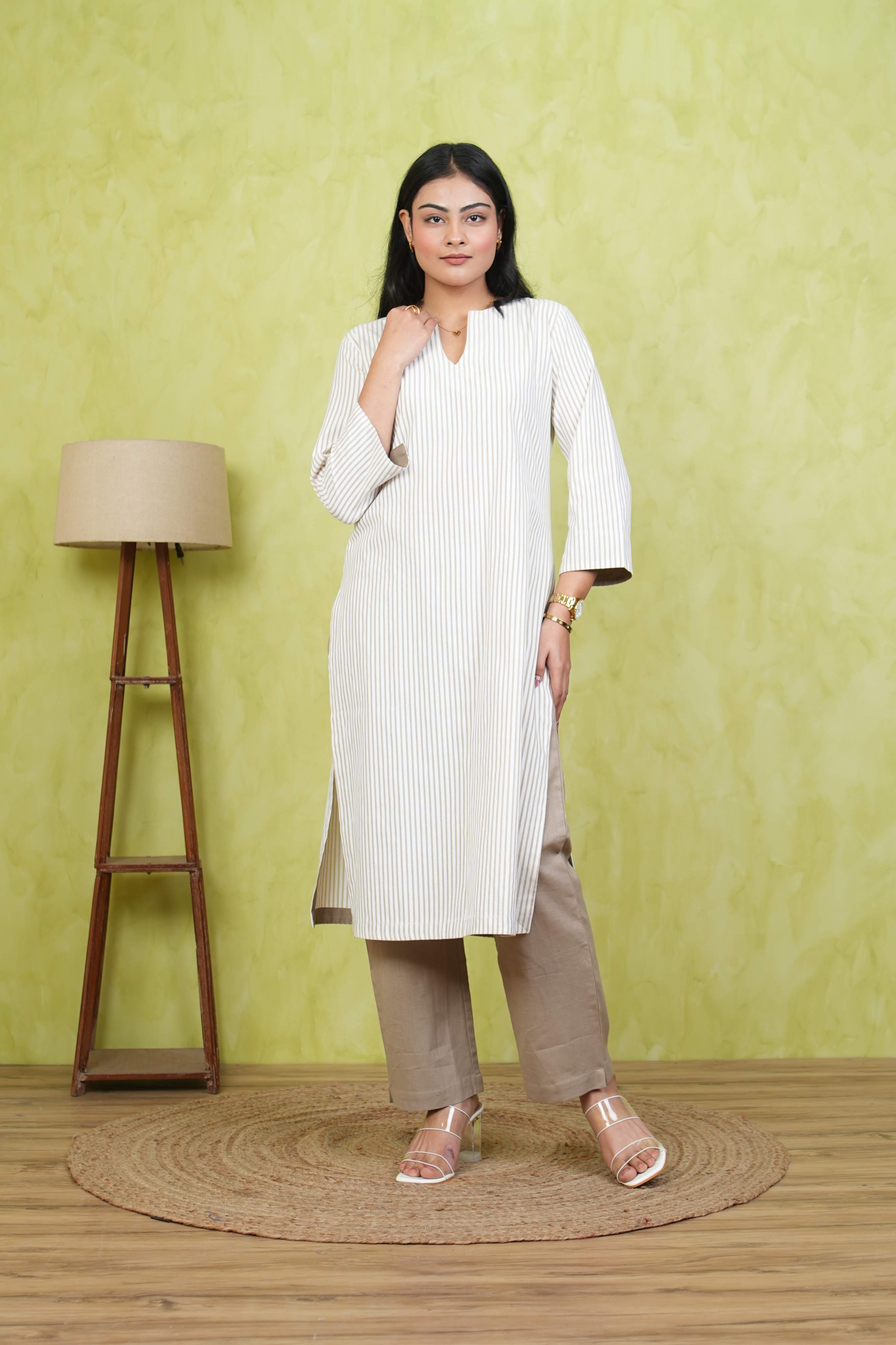 Pehraan Straight Fit Cotton 2 Piece Kurta Set for Women For Office & Casual Wear - Beige