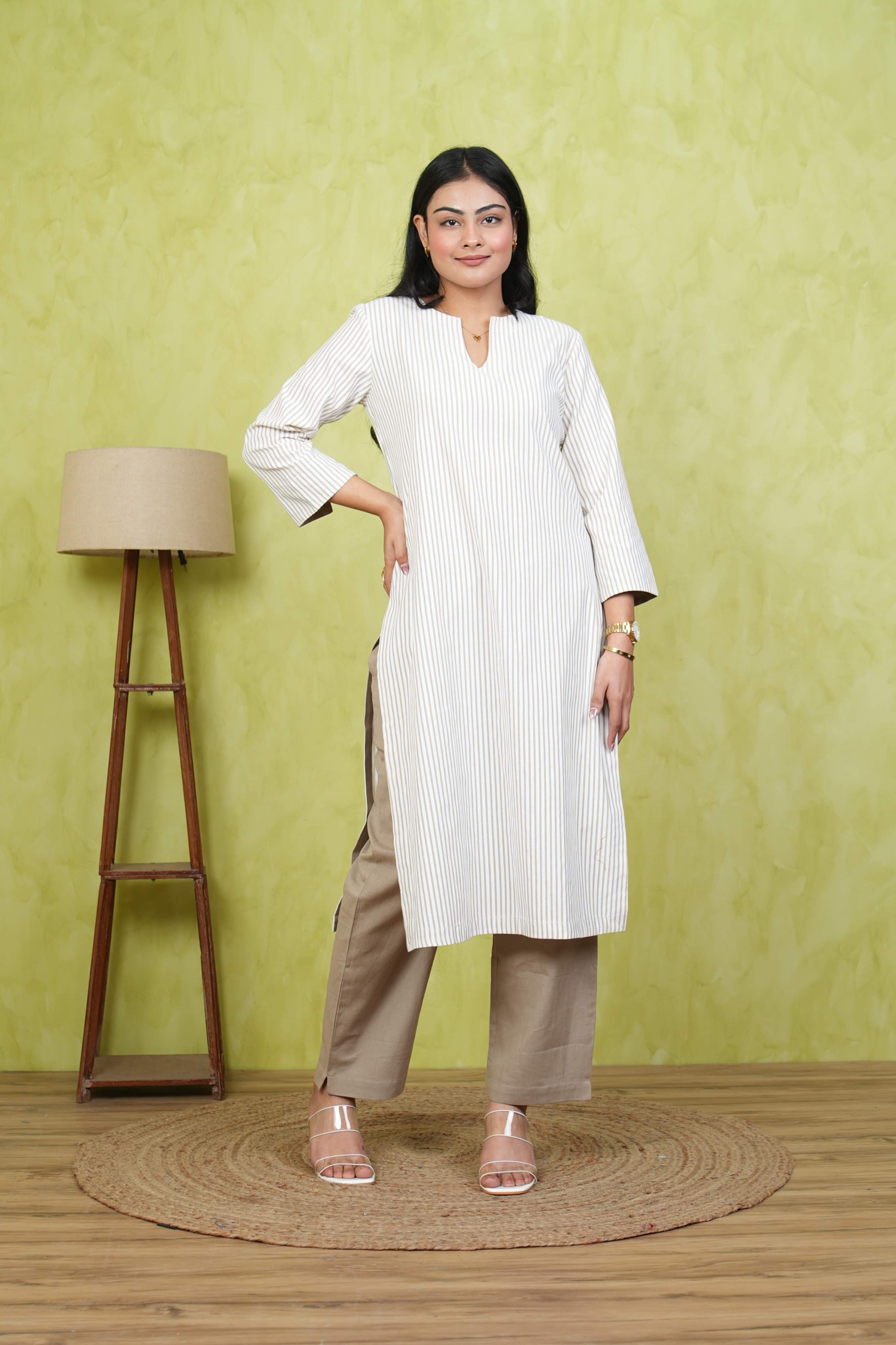 Pehraan Straight Fit Cotton 2 Piece Kurta Set for Women For Office & Casual Wear - Beige