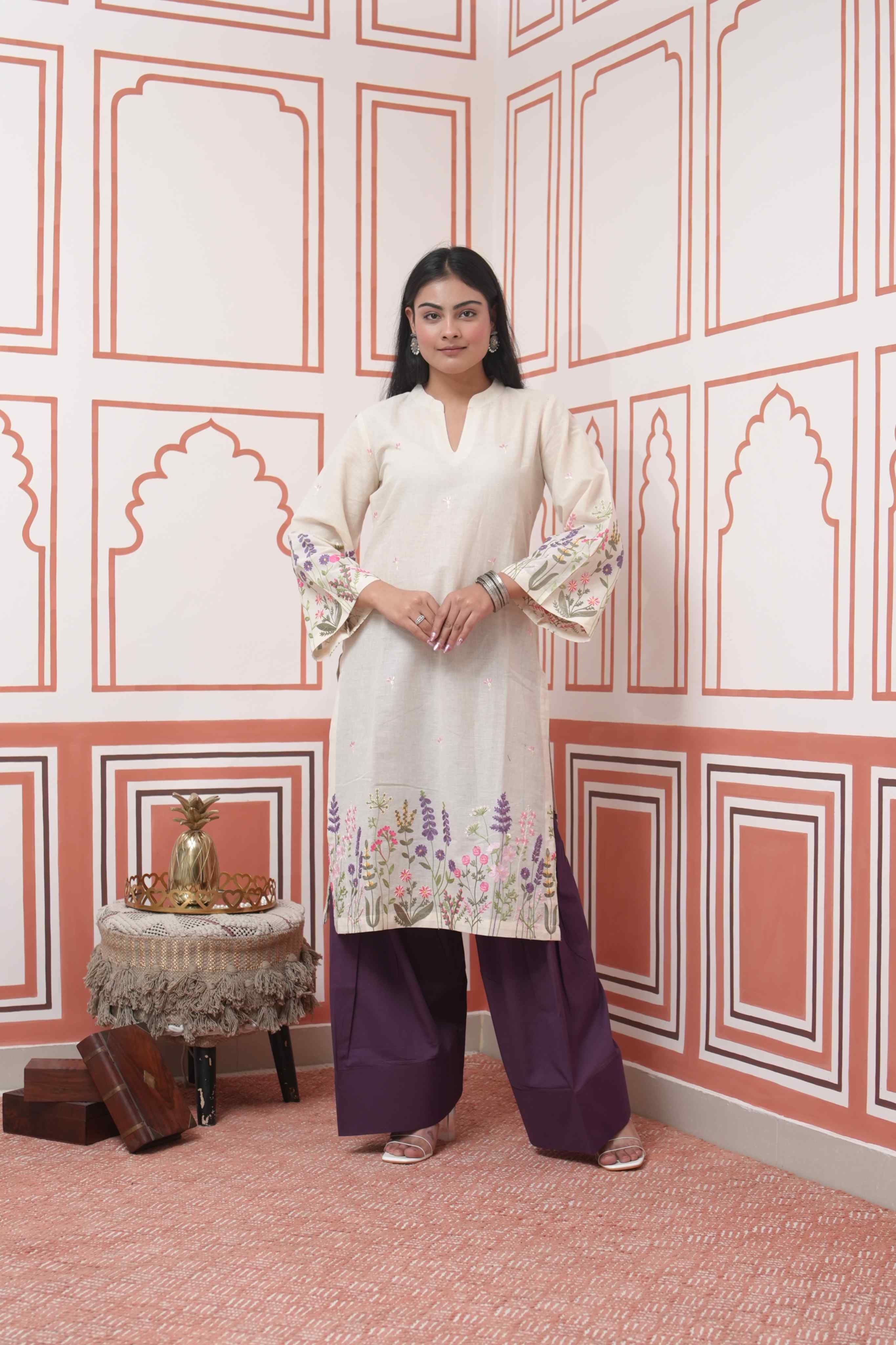 Pehraan Straight Fit Cotton 2 Piece Kurta Set for Women For Festive Wear - Beige