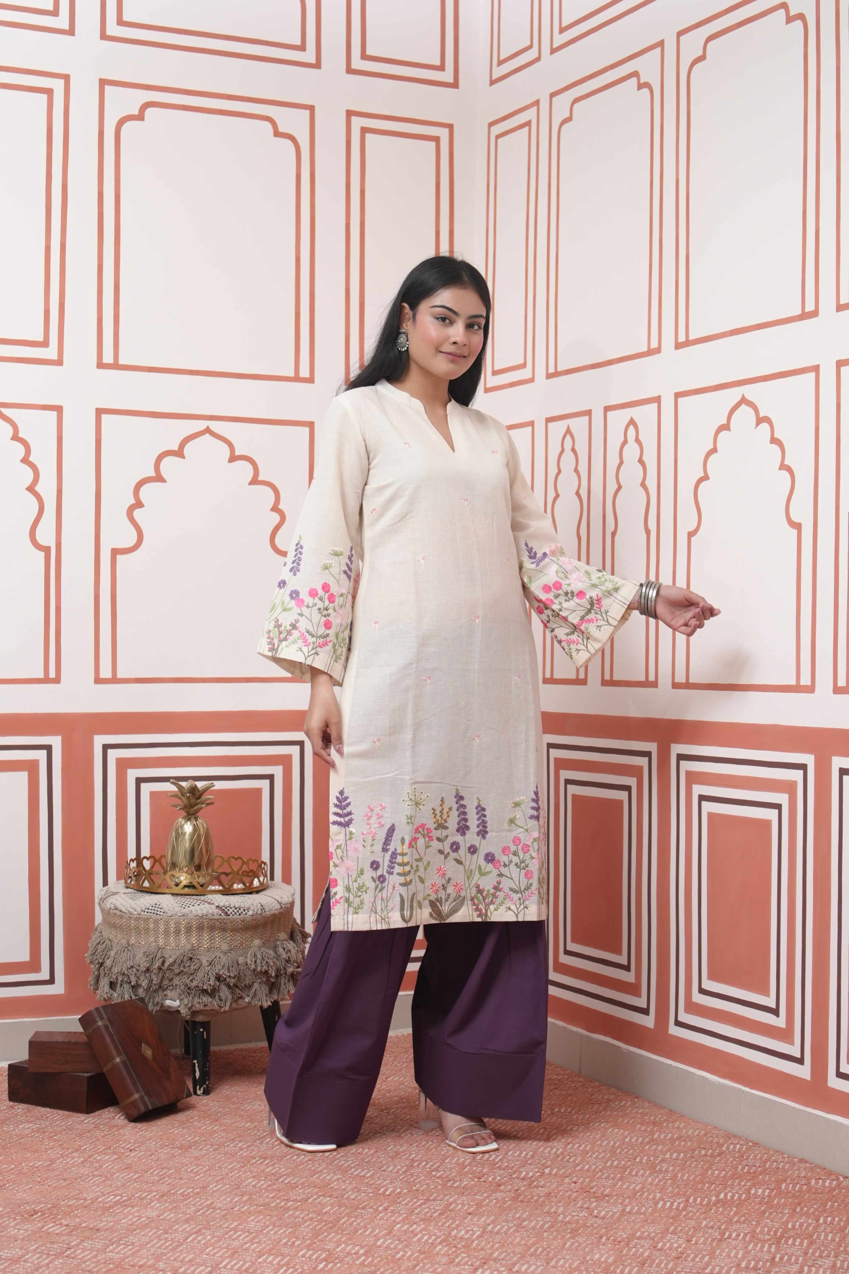 Pehraan Straight Fit Cotton 2 Piece Kurta Set for Women For Festive Wear - Beige