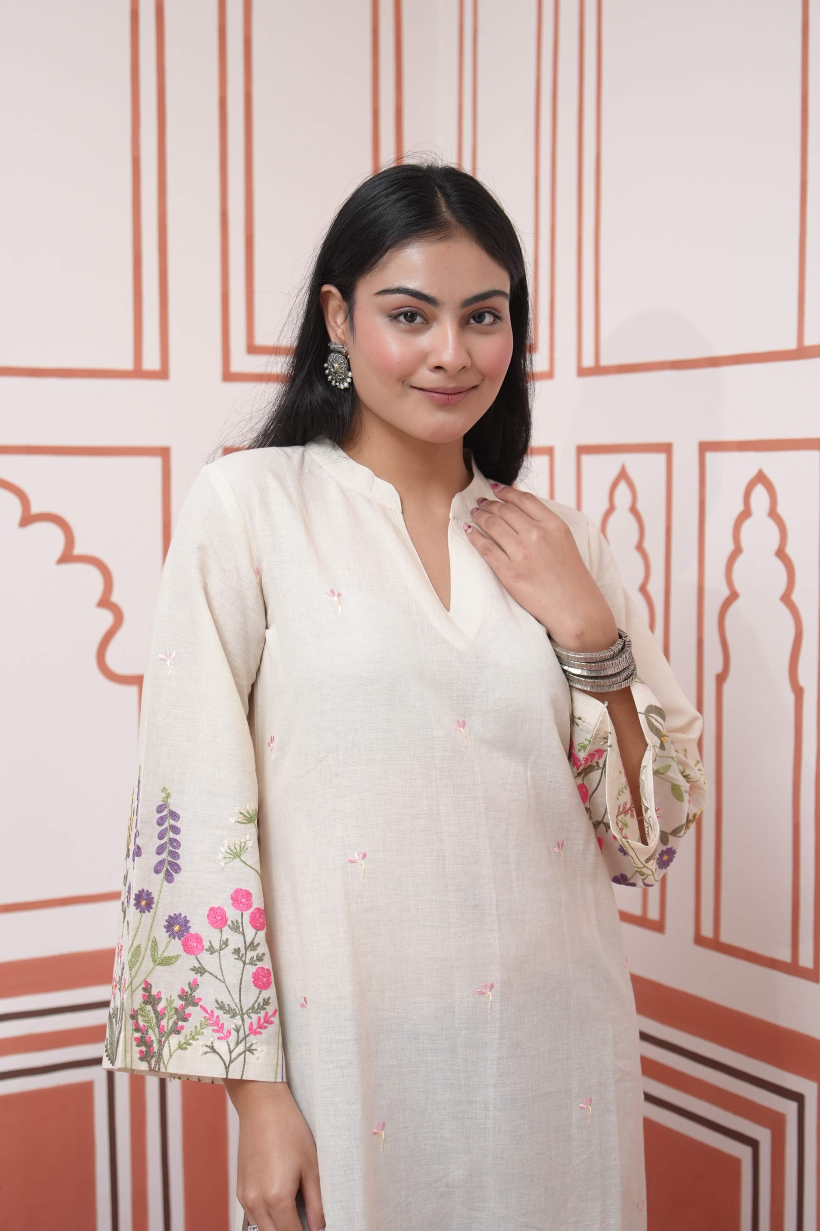 Pehraan Straight Fit Cotton 2 Piece Kurta Set for Women For Festive Wear - Beige