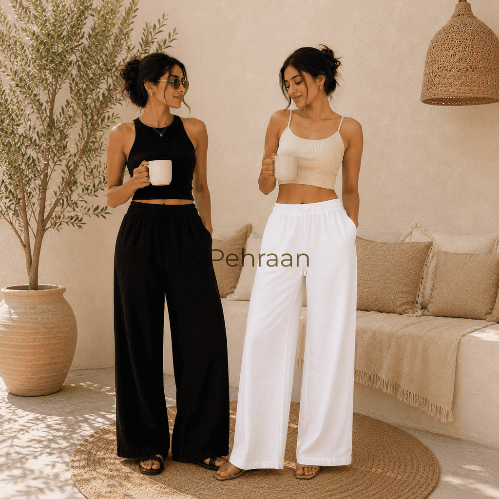 Pehraan Linen look Free style Pants - Set of 2 ( White & Black ) - Pehraan
